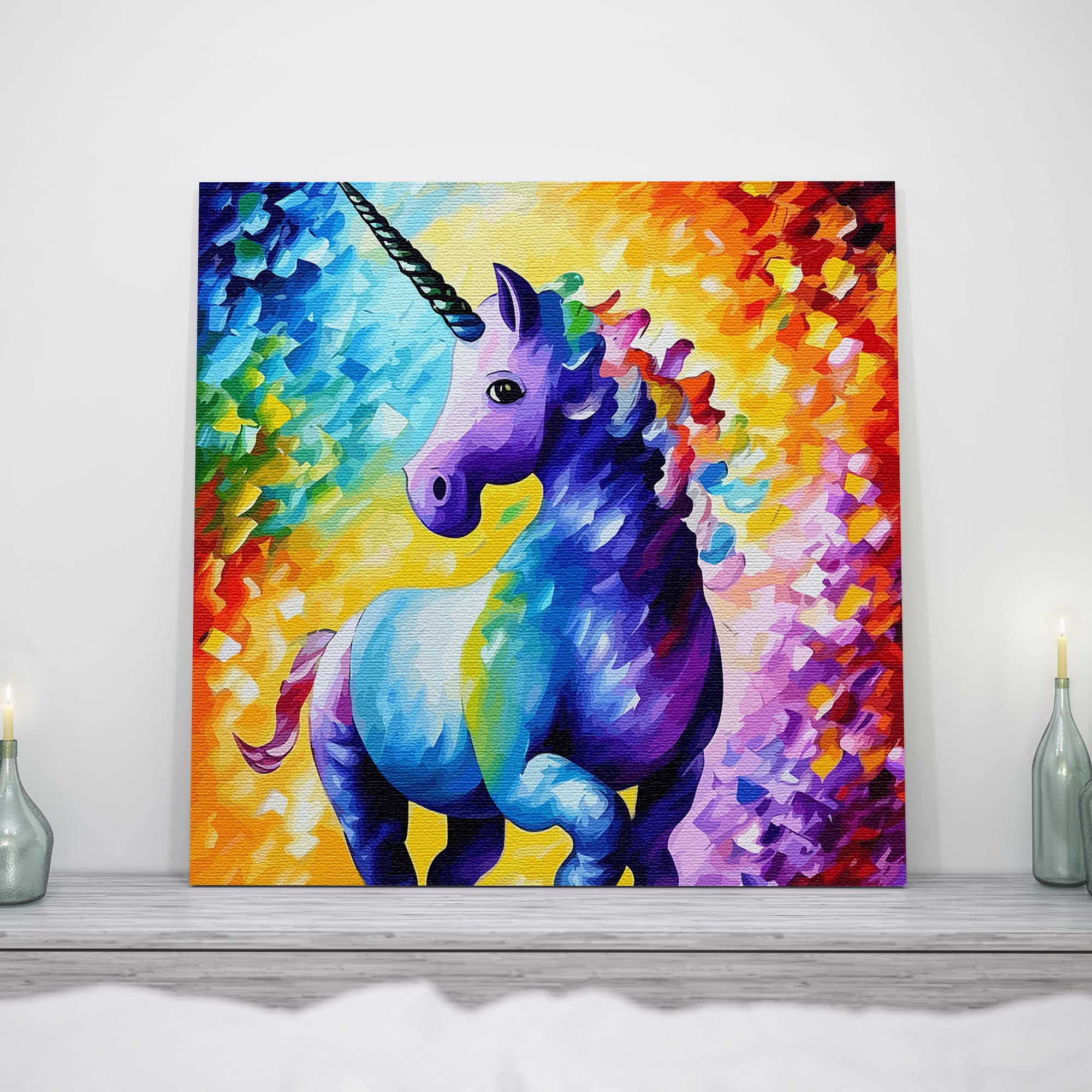 Vibrant purple unicorn with rainbow mane on colorful abstract background printed on square canvas displayed on mantelpiece