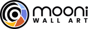 Mooni Wall Art abstract circular logo with blue, purple, orange, and yellow segments next to the text "mooni wall art" on a black background