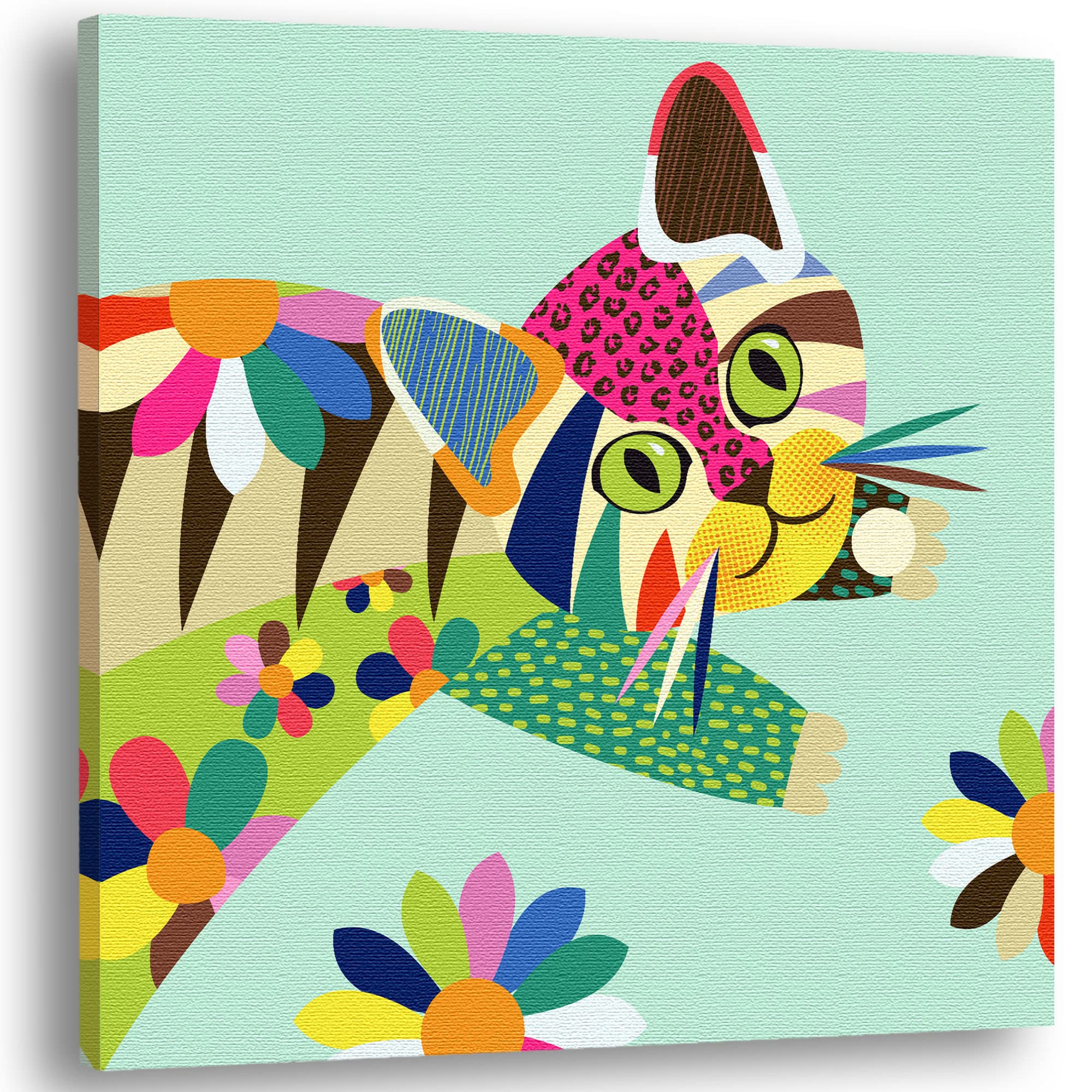 Cute and colorful cat with green eyes introducing the 'Geometric Animal Art' collection