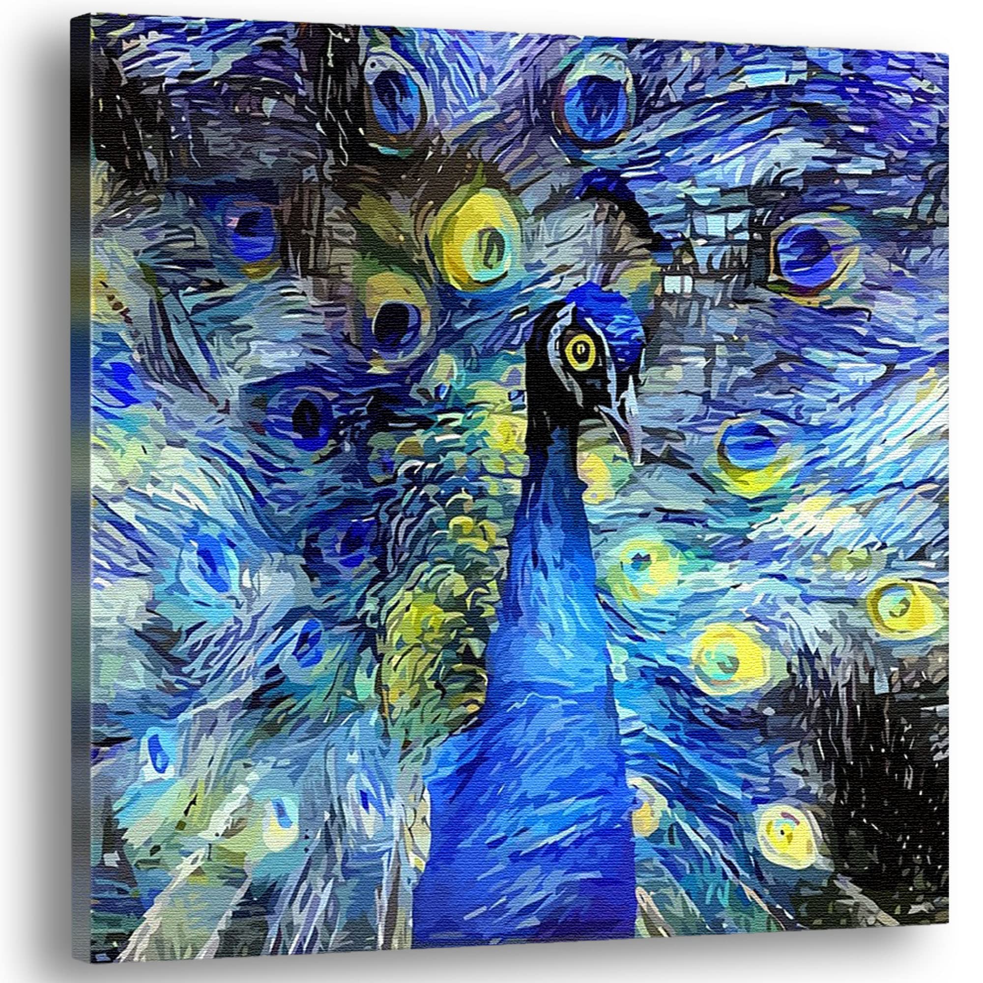 Stunning blue peacock spraying a beautiful blue plume to illustrate the 'Blue Abstract Animal Art' collection