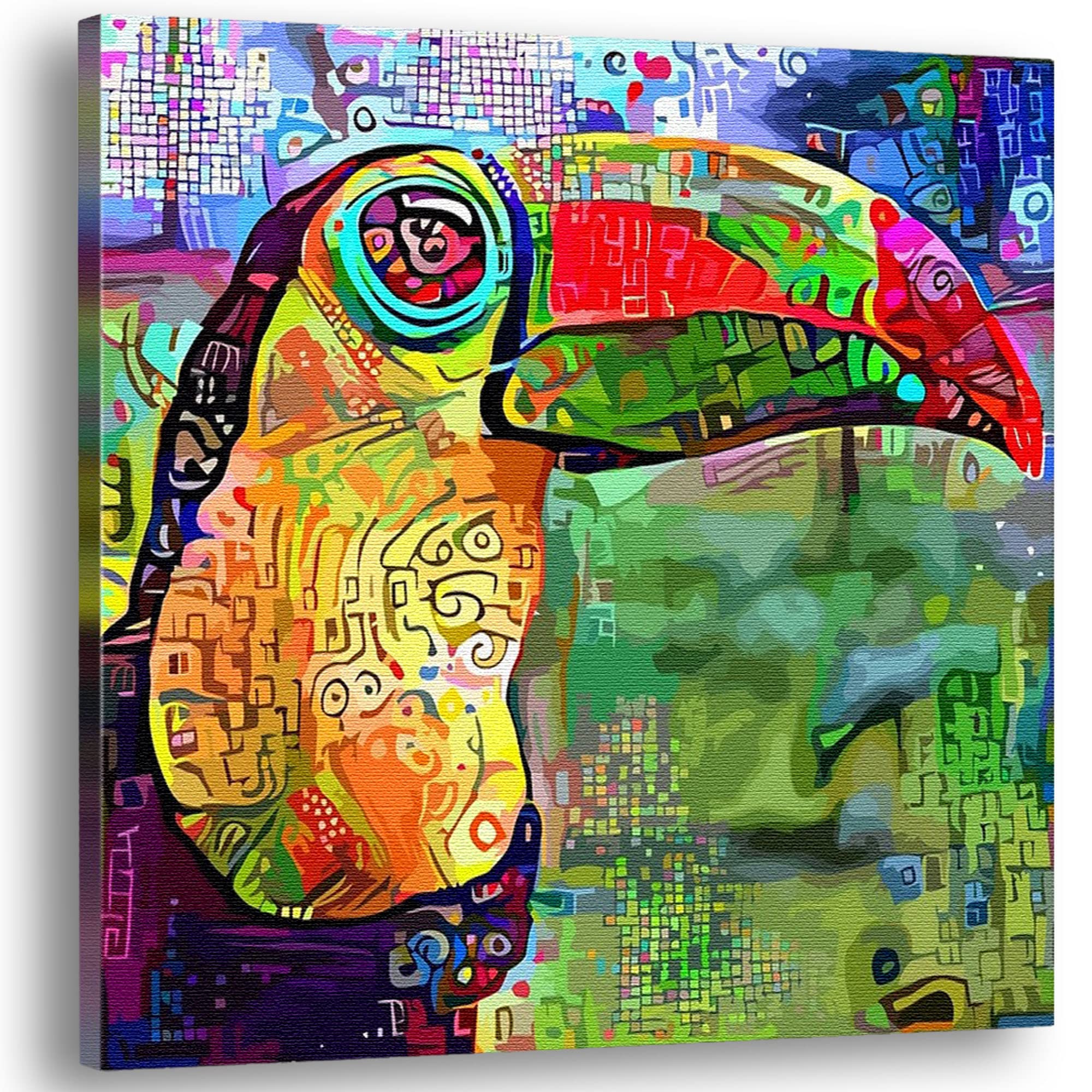 Colorful abstract toucan in geometric and mosaic patterns to illustrate the 'Abstract Animal Art' collection