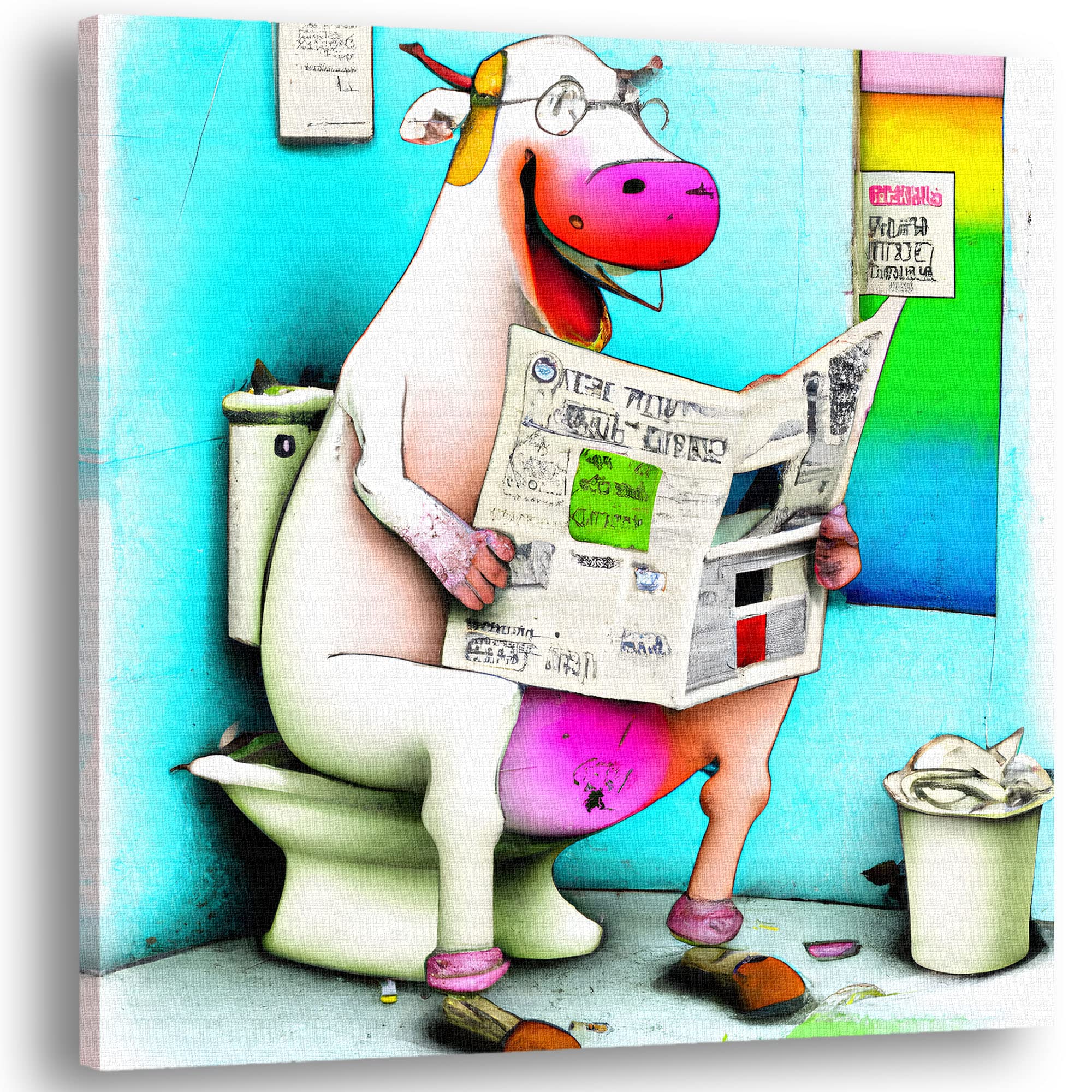 White bespectacled cartoon cow sitting on a toilet highlighting the 'Funny Bathroom Wall Art' collection