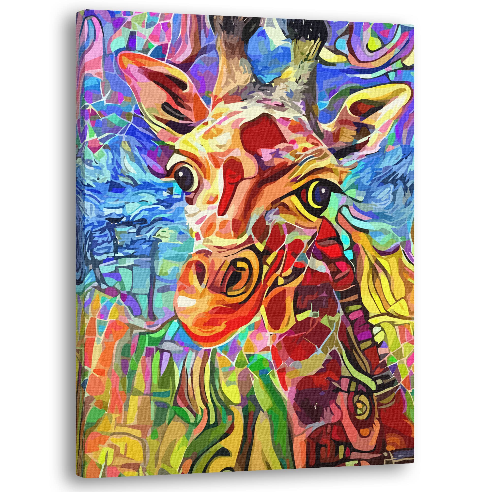 Quirky and colorful giraffe set against a rainbow-colored backdrop to illustrate the 'Animal Safari Prints' collection