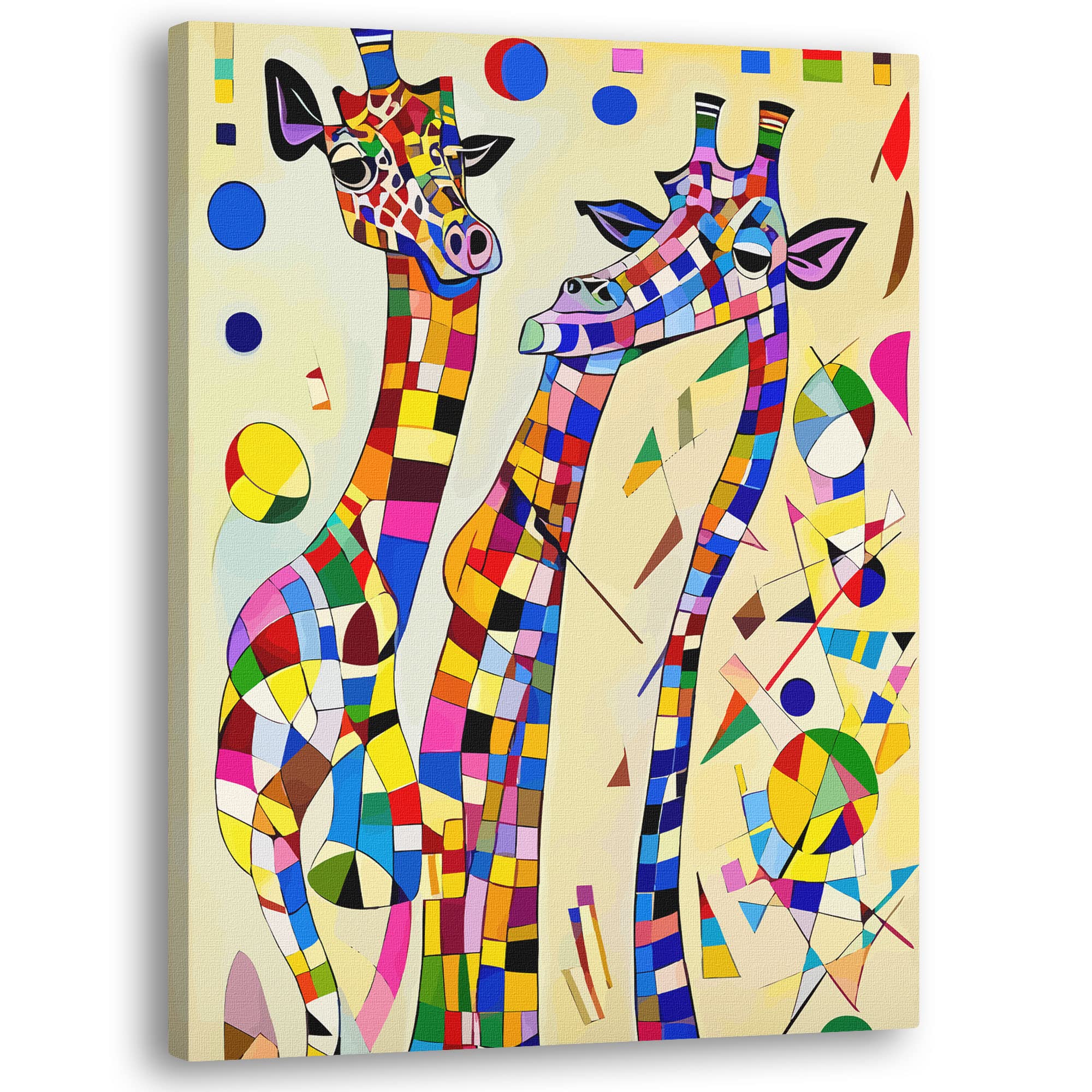 Quirky colorful, abstracted giraffes designed in randomised geometric shapes to illustrate the 'Animal Pop Art' collection
