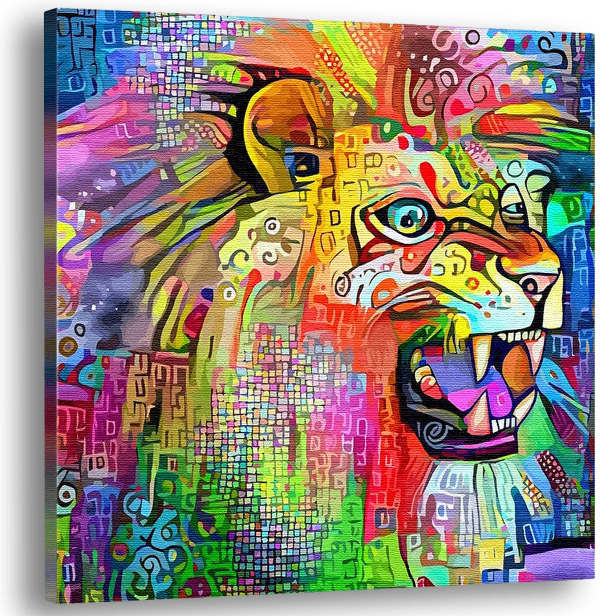 Roaring lion with exposed teeth in abstract, colorful design introducing the 'Lion Mosaic Art' collection