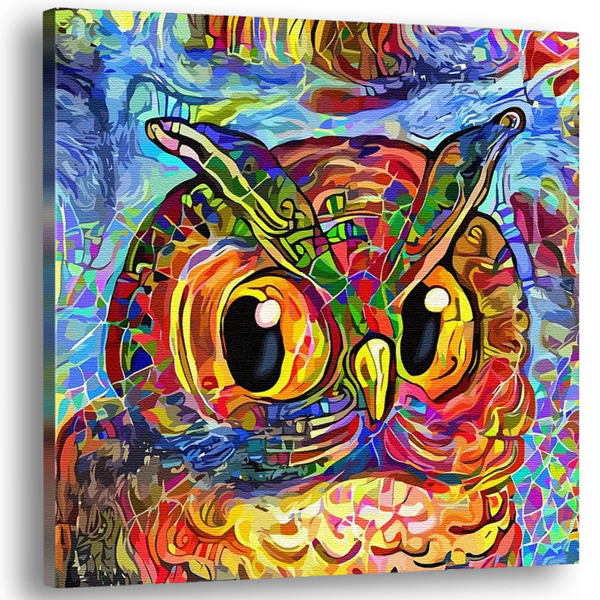 Cute, abstracted and colorful owl with large staring eyes to introduce the 'Cute Animal and Bird Art' collection