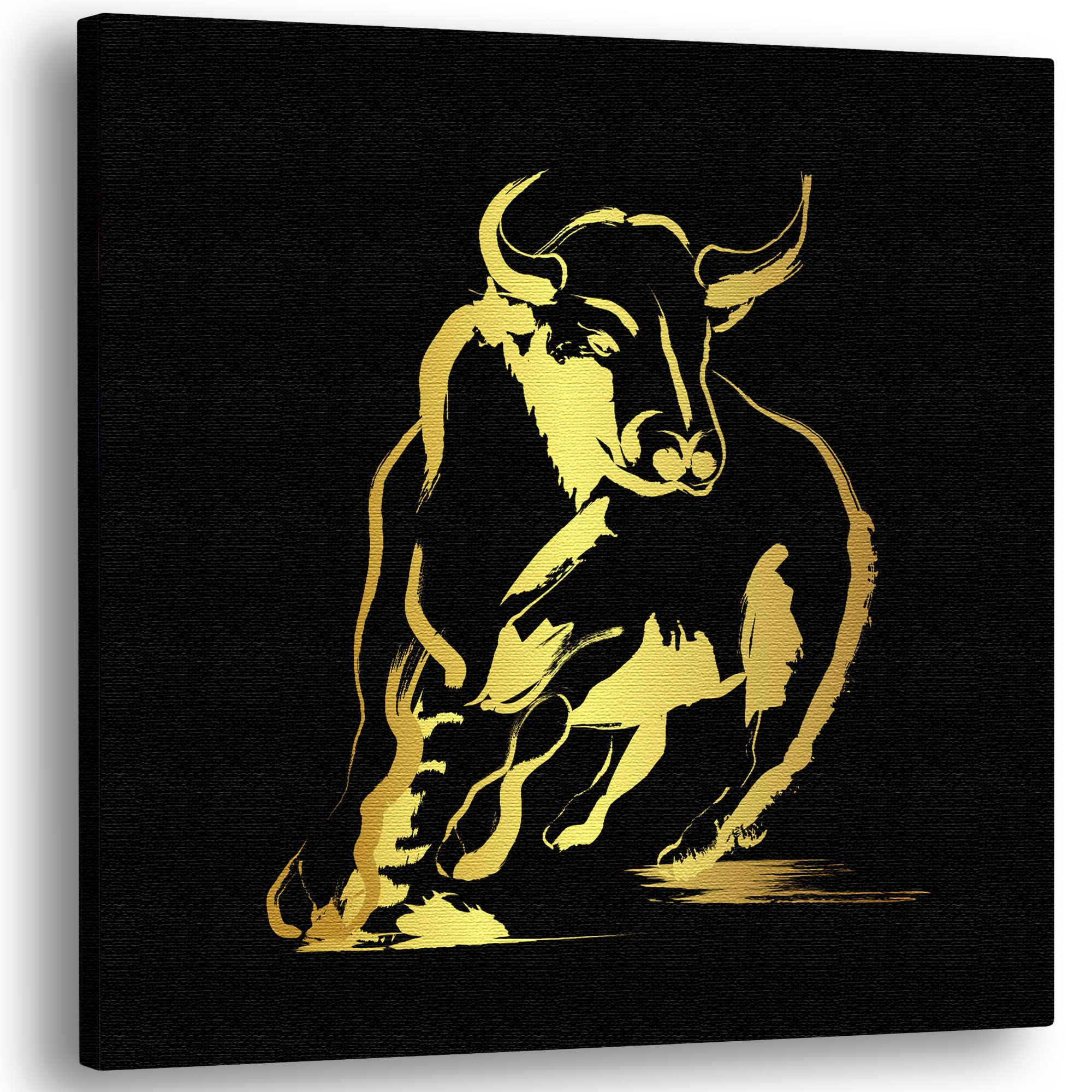 Gold foil-leaf style running bull set against a black background to illustrate the 'Cow and Bull Wall Art' collection