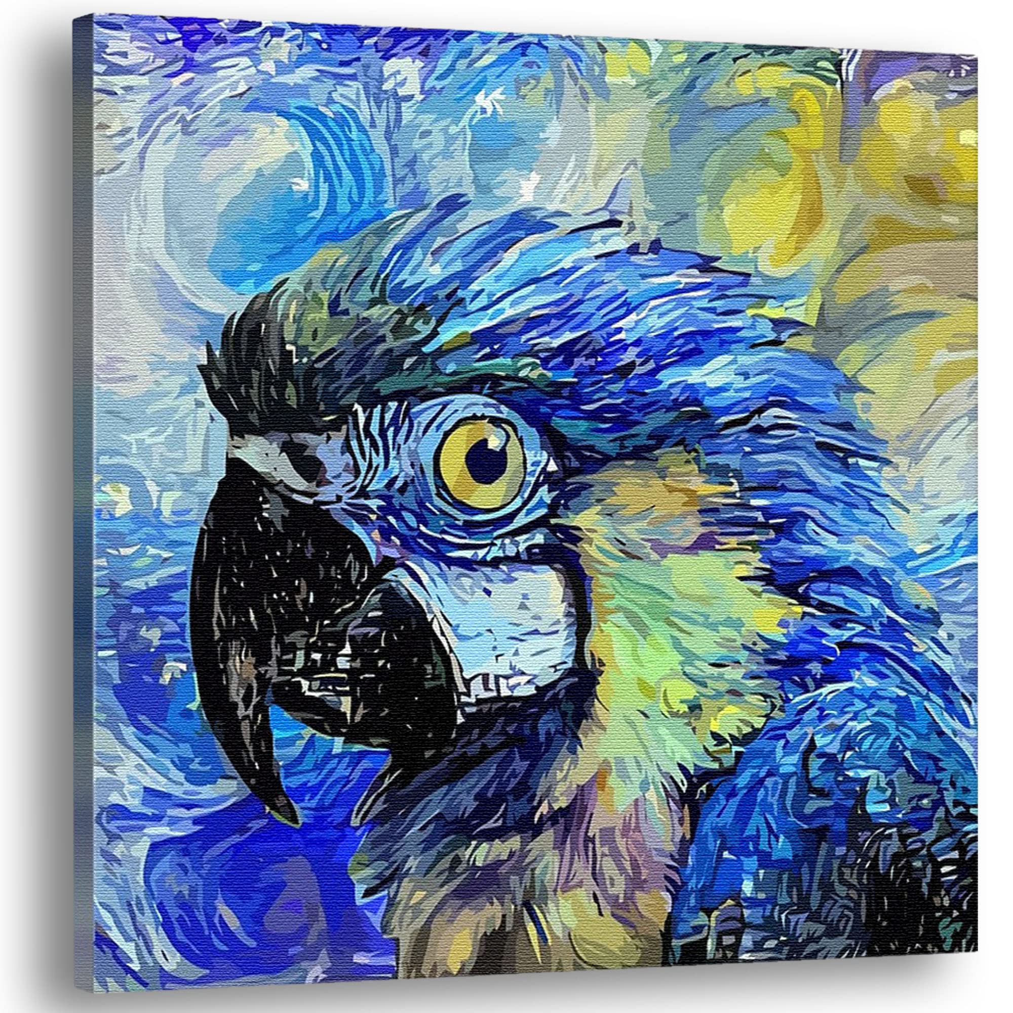 Abstract blue macaw with impressionist-style background to introduce the 'Bird Wall Art' collection