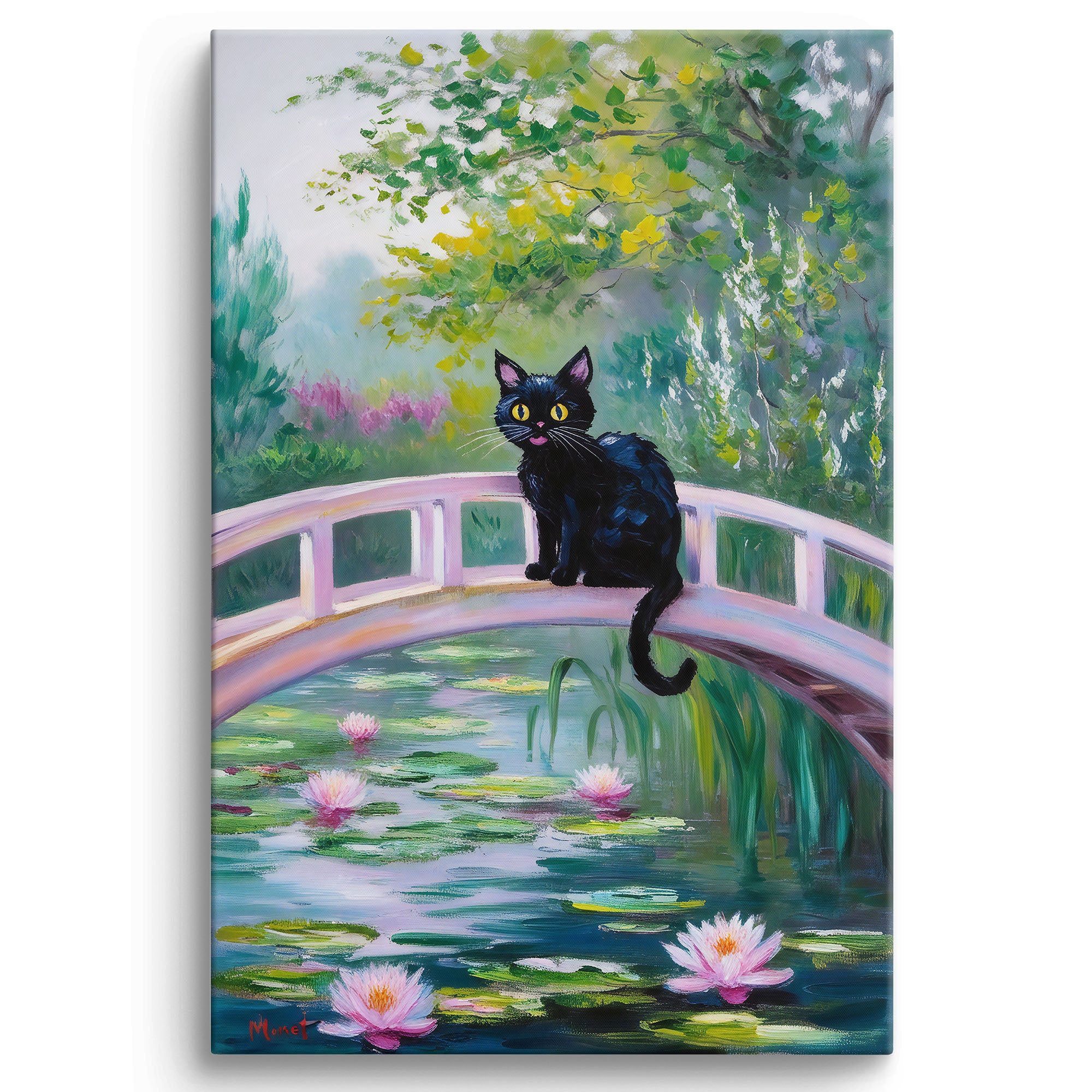 Cat Monet Art on Pink Japanese Bridge