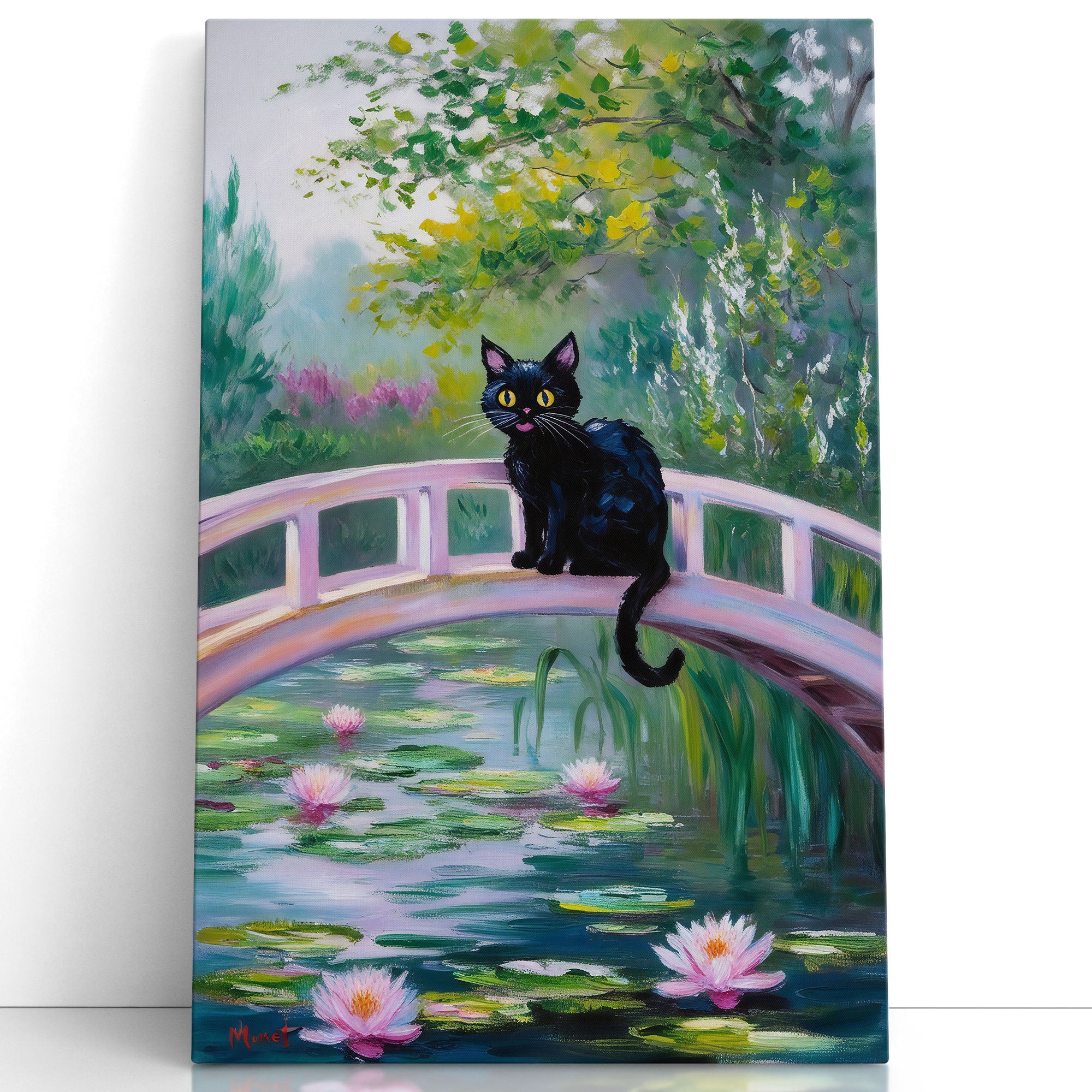 Cat Monet Art on Pink Japanese Bridge
