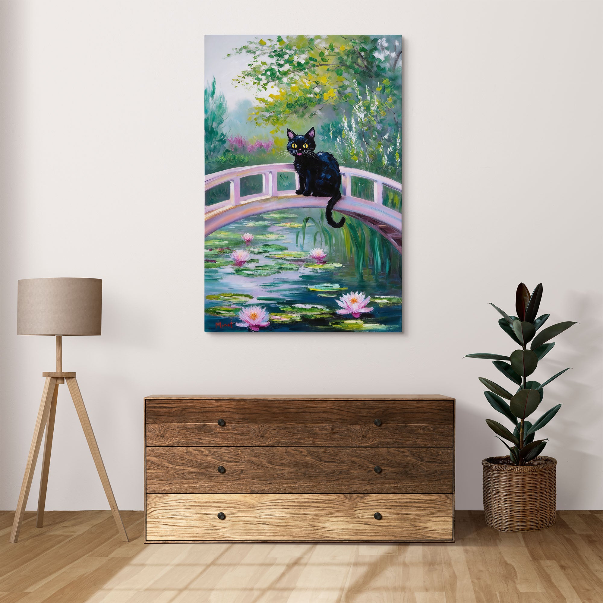 Cat Monet Art on Pink Japanese Bridge