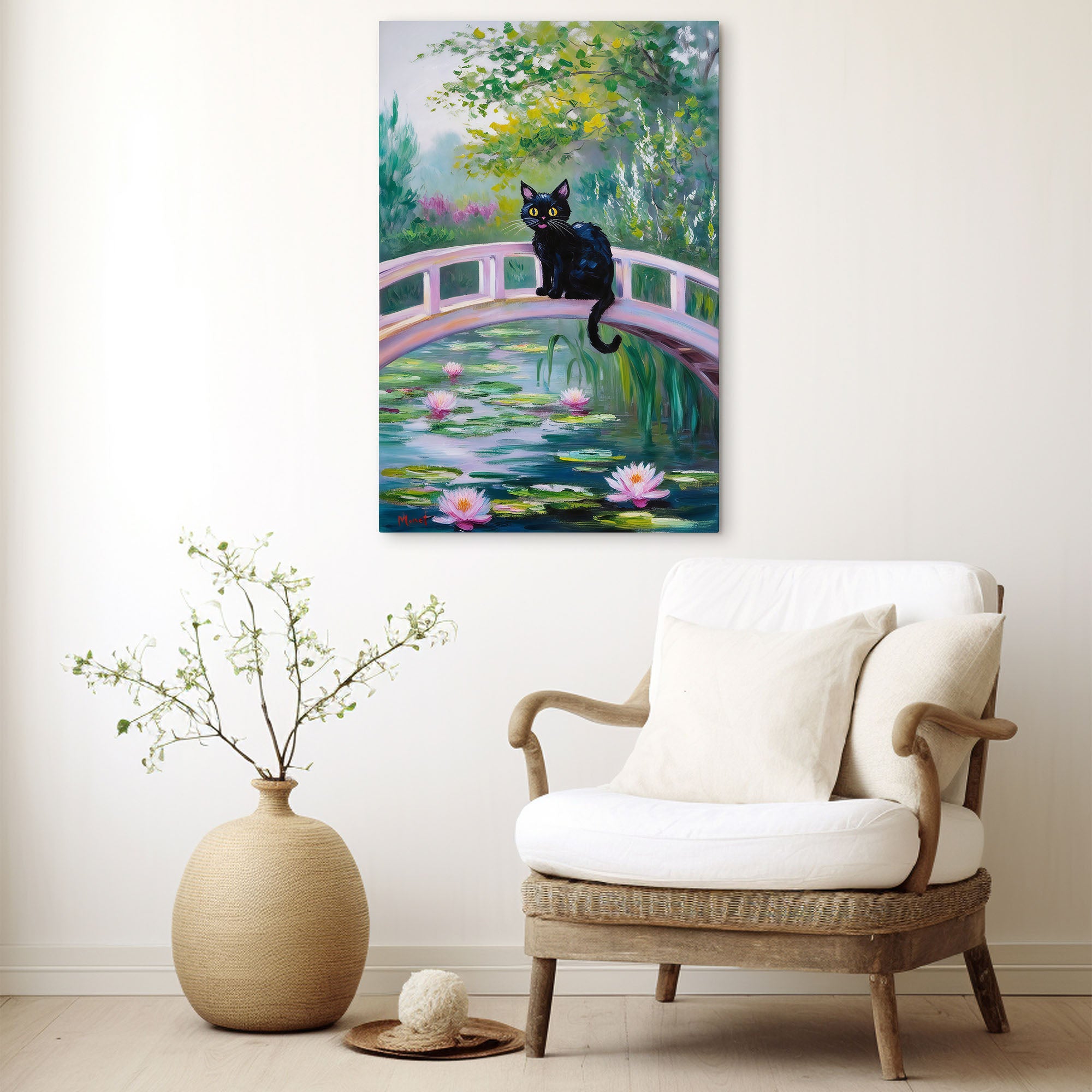 Cat Monet Art on Pink Japanese Bridge