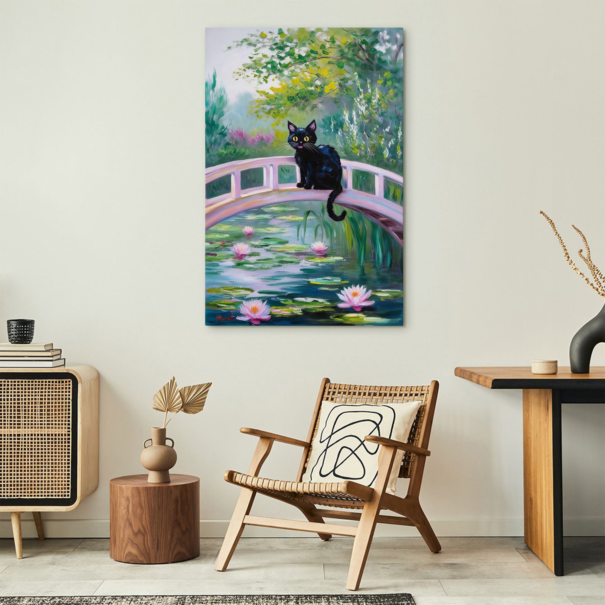Cat Monet Art on Pink Japanese Bridge