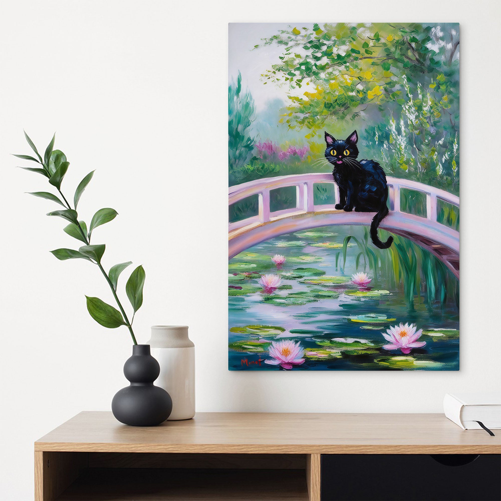 Cat Monet Art on Pink Japanese Bridge