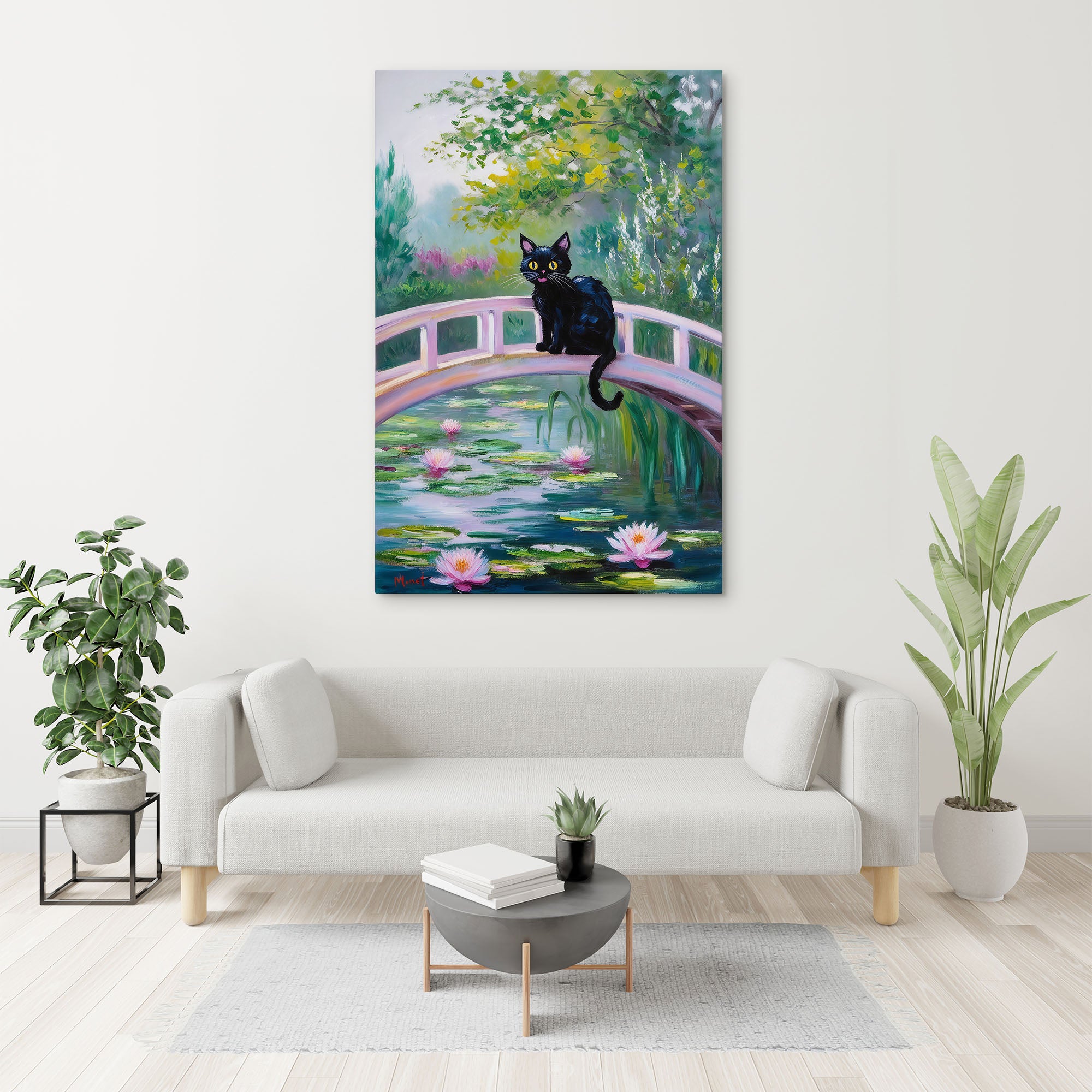 Cat Monet Art on Pink Japanese Bridge