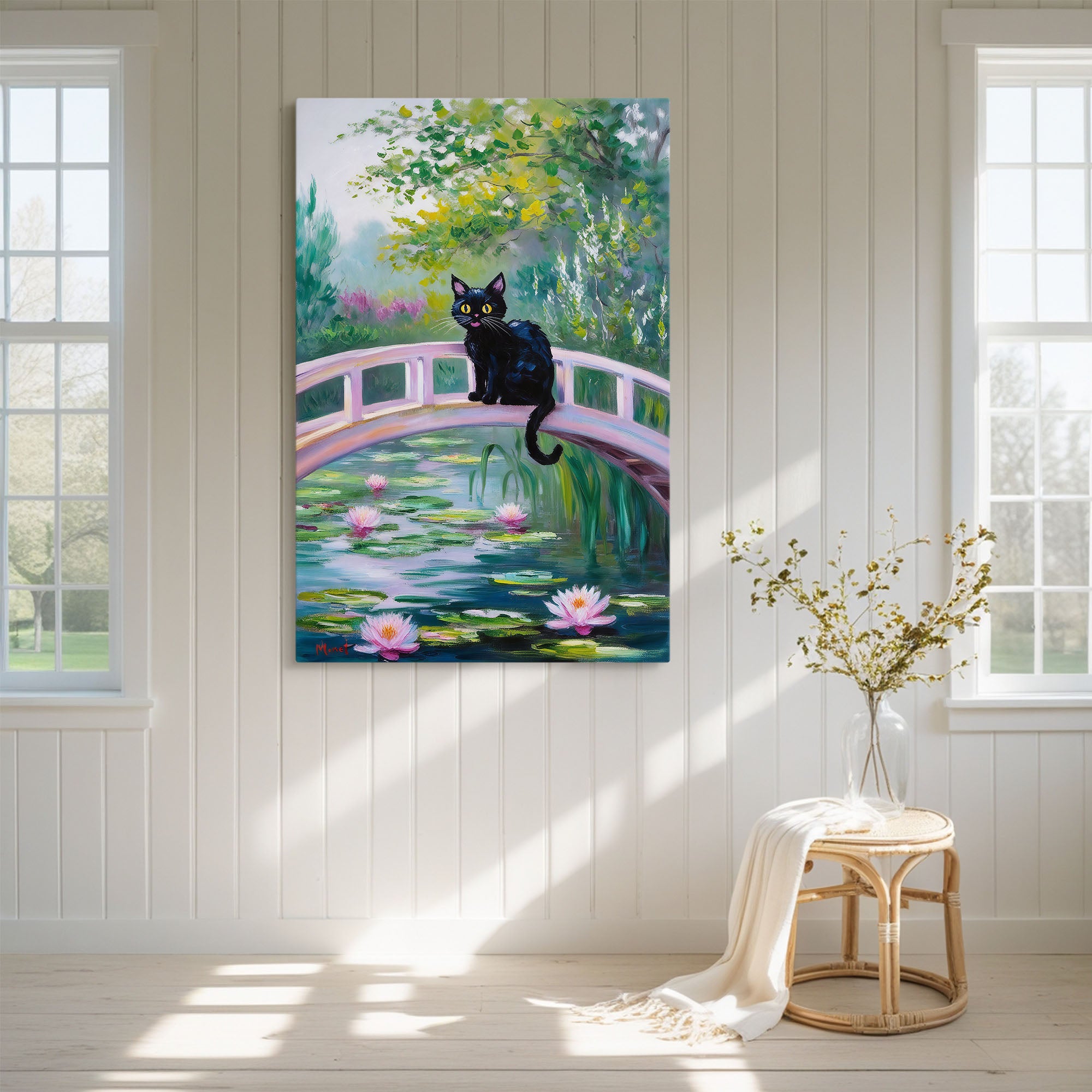 Cat Monet Art on Pink Japanese Bridge