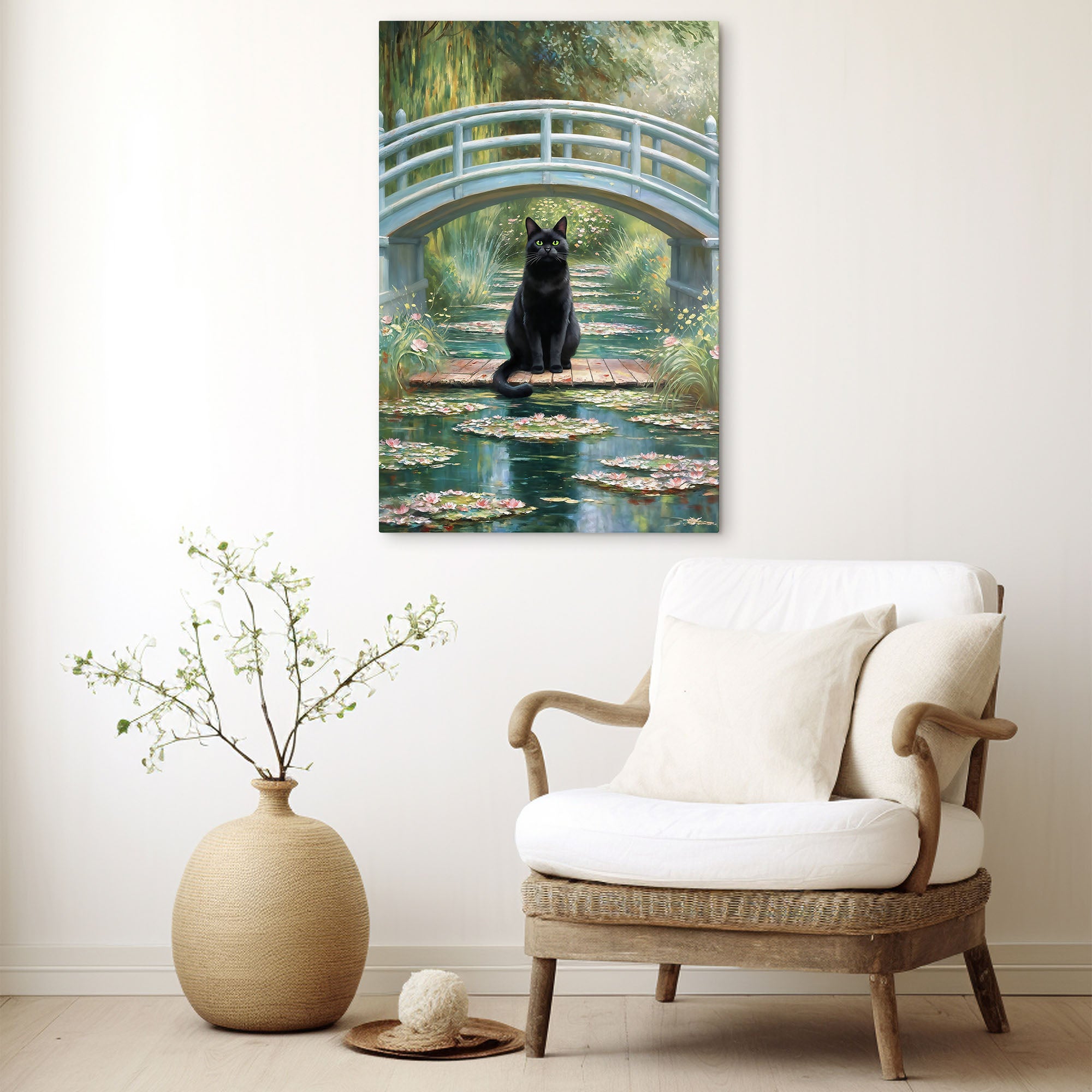 Black Cat Monet Water Lily Art