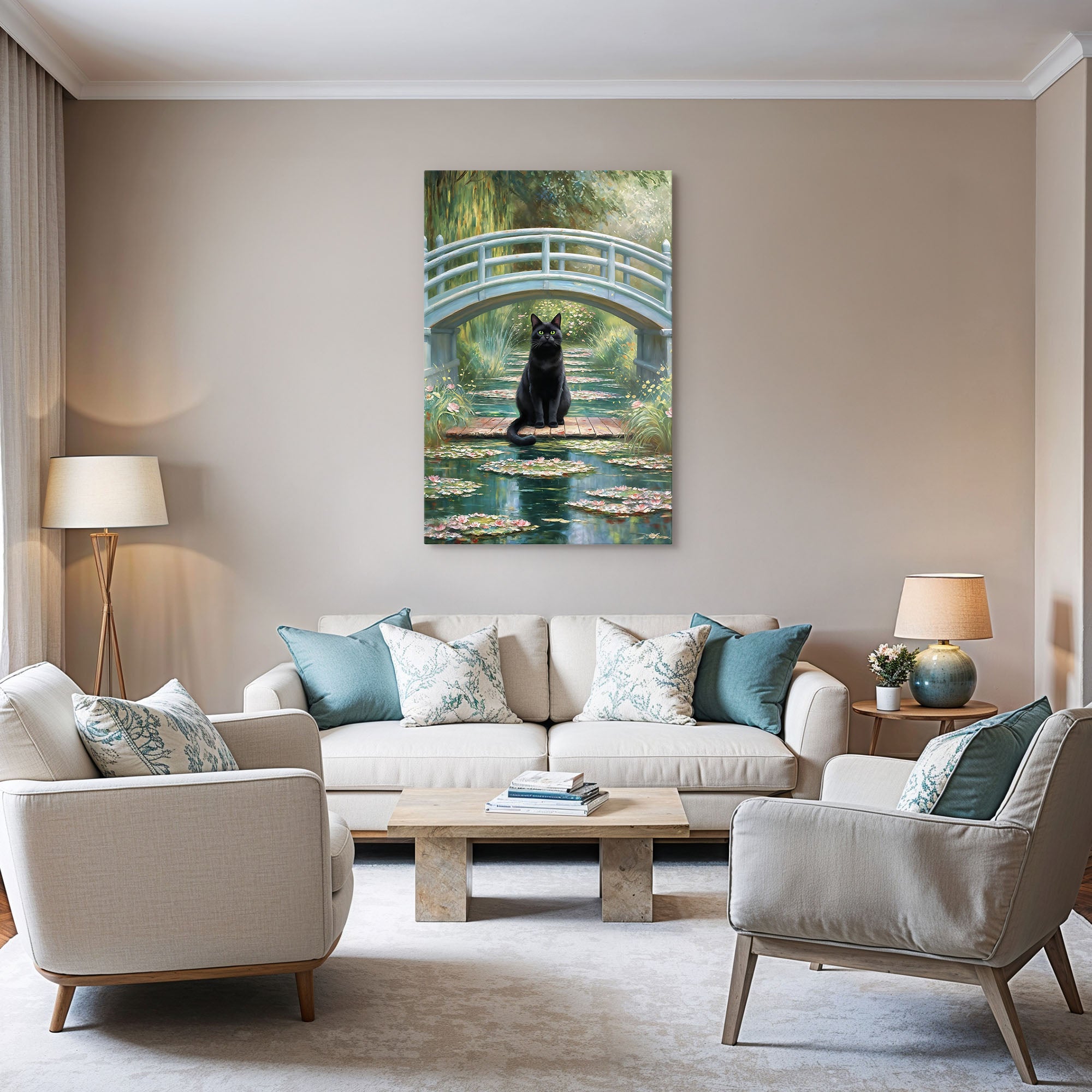 Black Cat Monet Water Lily Art