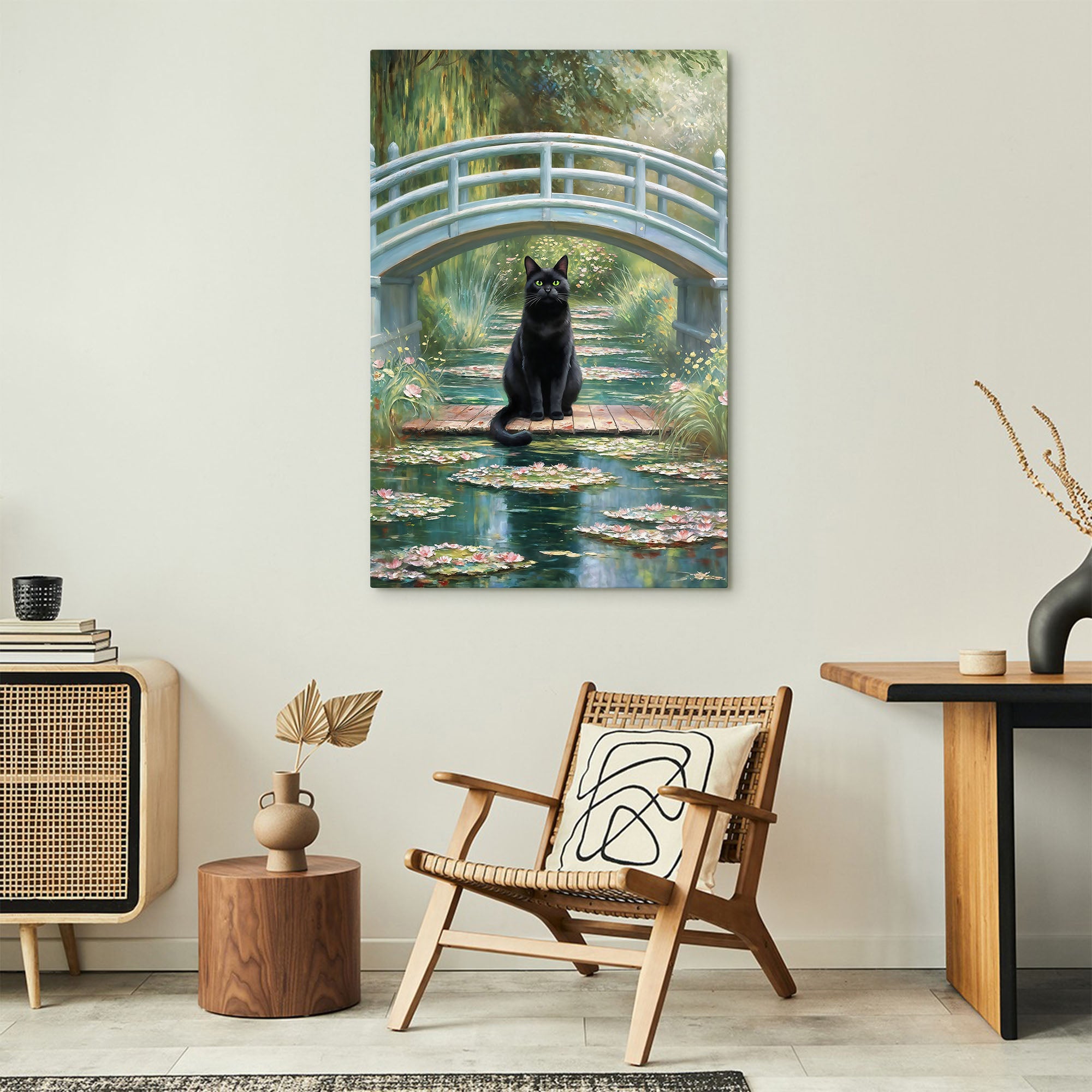 Black Cat Monet Water Lily Art