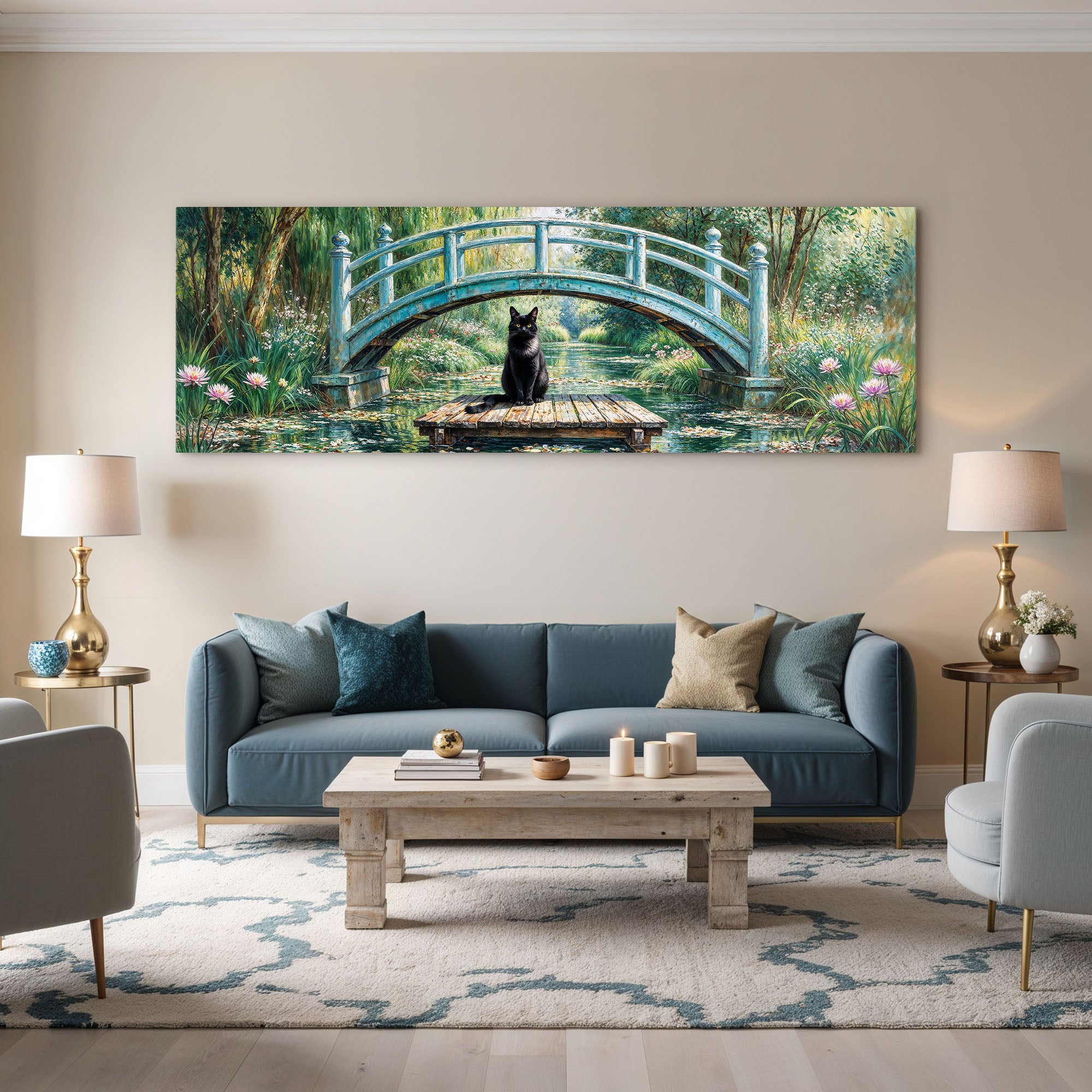 Panoramic Black Cat Monet Artwork