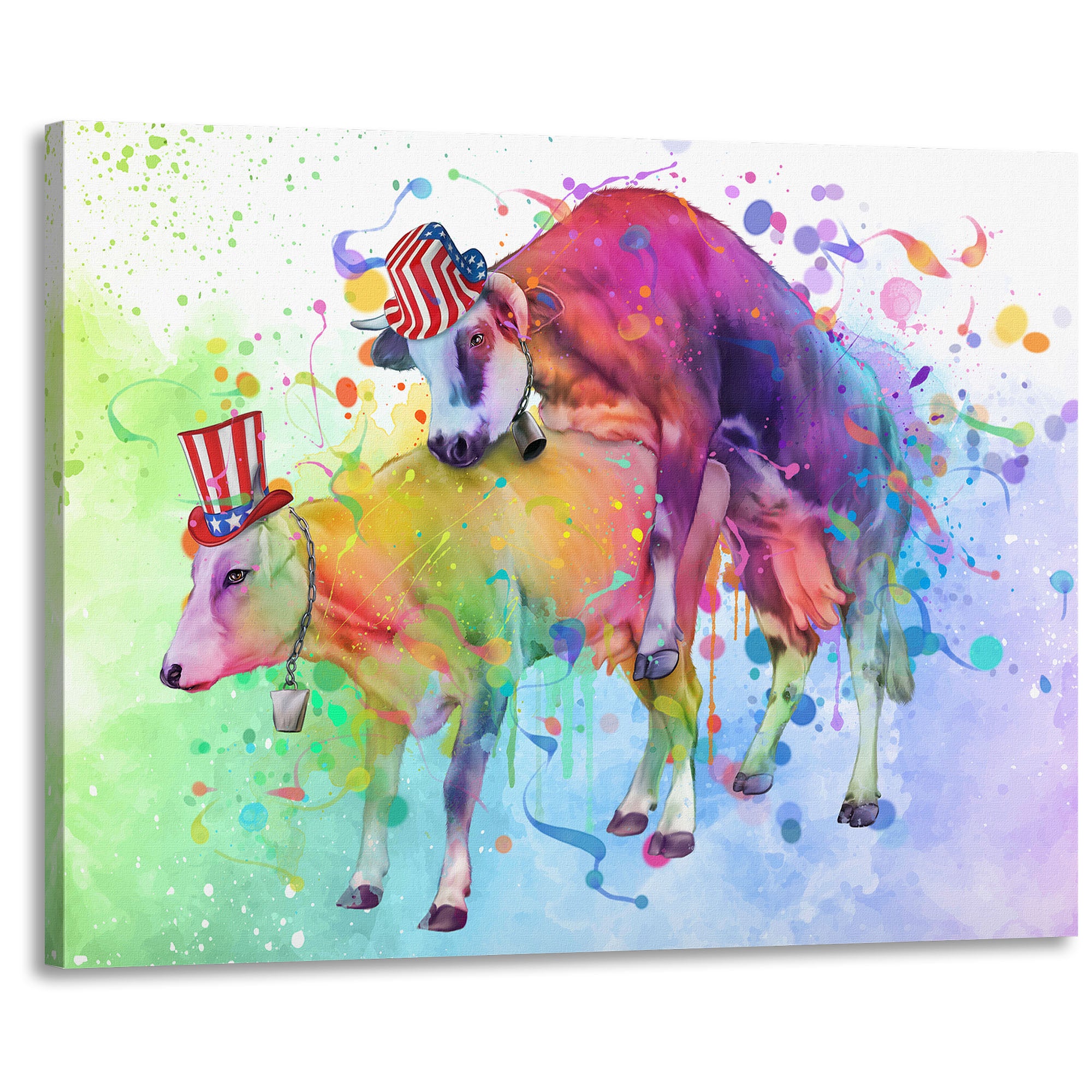 Colorful watercolor patriotic cow bathroom wall art with two cows wearing USA hats in vibrant splash background