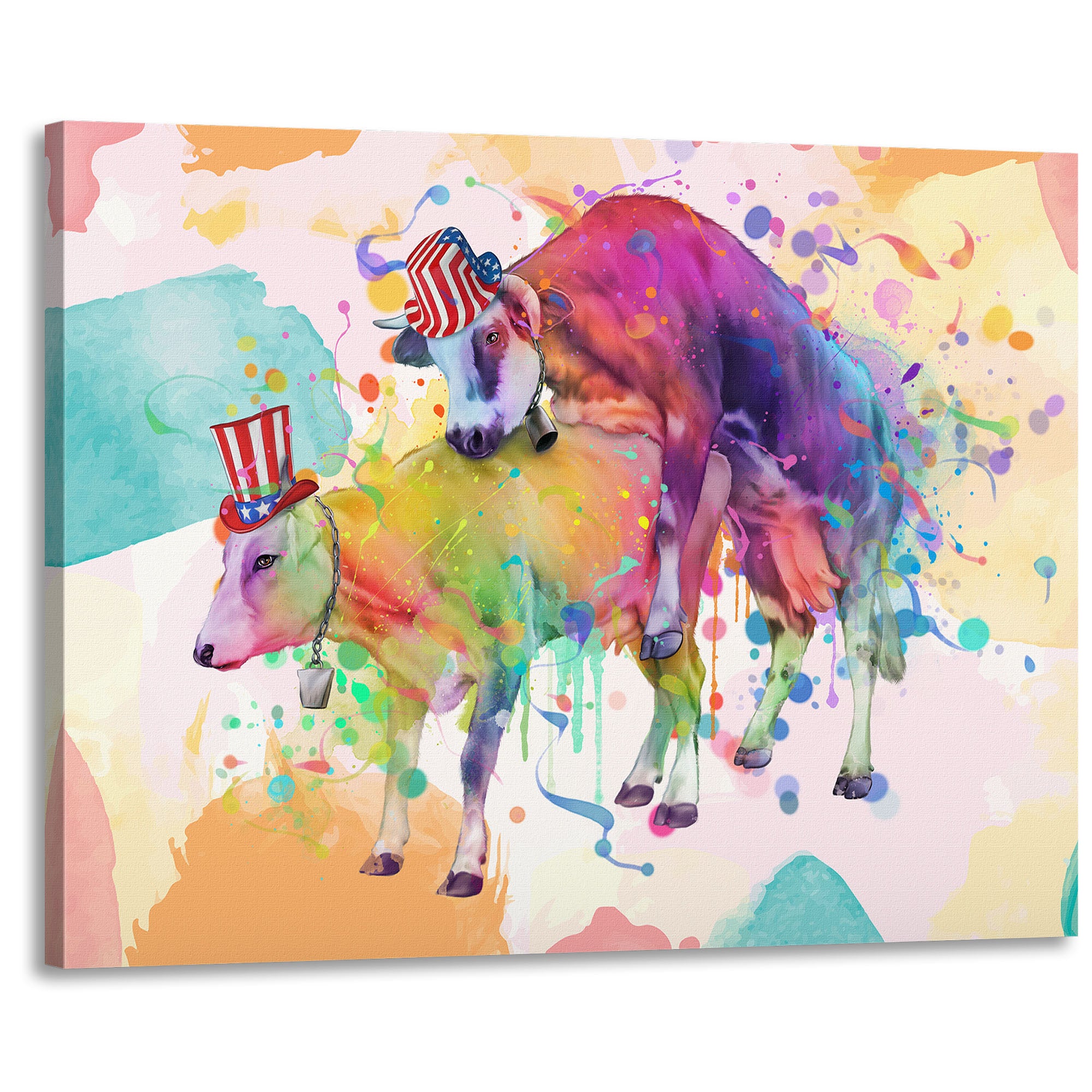 Funny rude cows bathroom wall art with colorful watercolor cows wearing patriotic USA hats in vibrant abstract splash background
