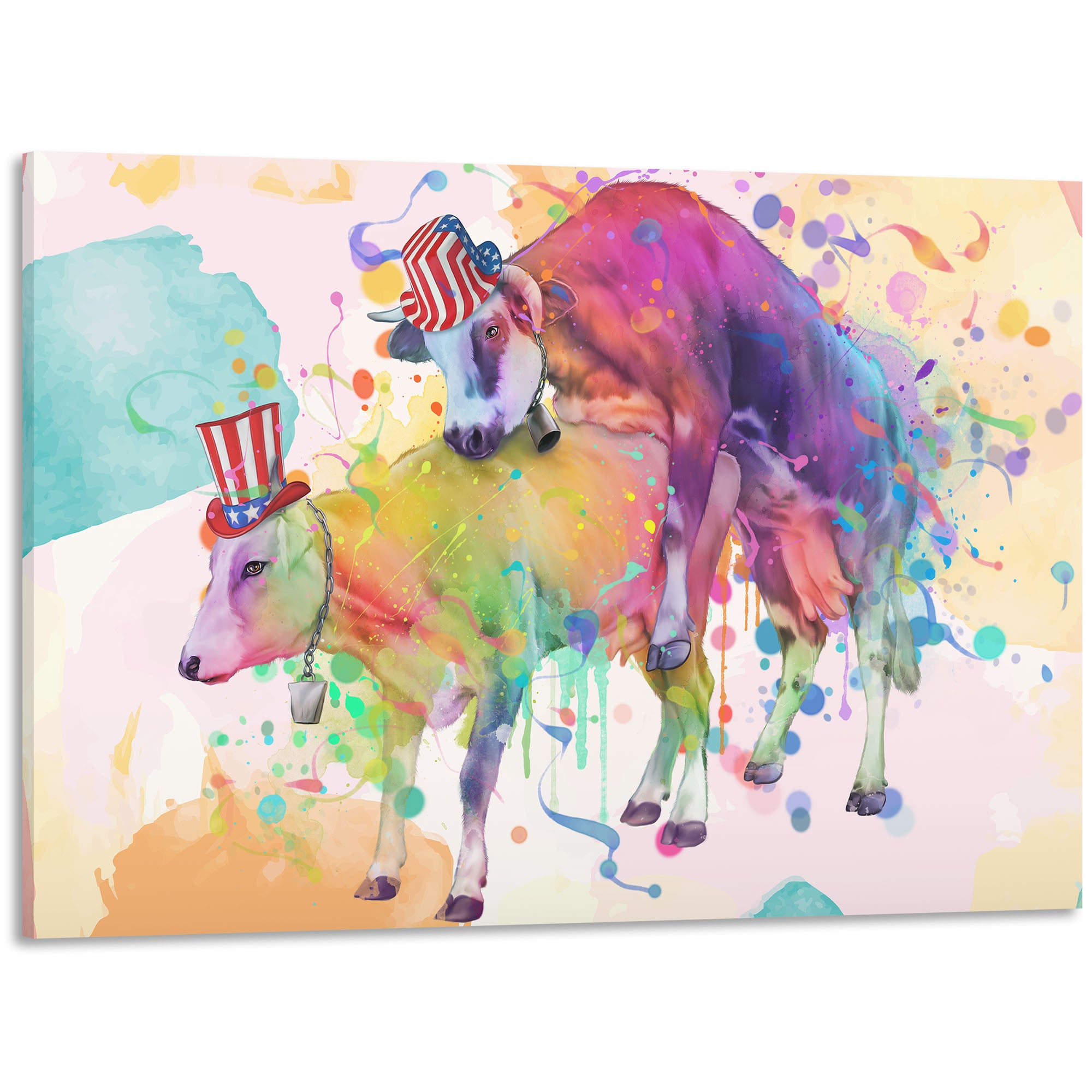 Funny rude cows bathroom wall art with colorful watercolor cows wearing patriotic USA hats in abstract splash background