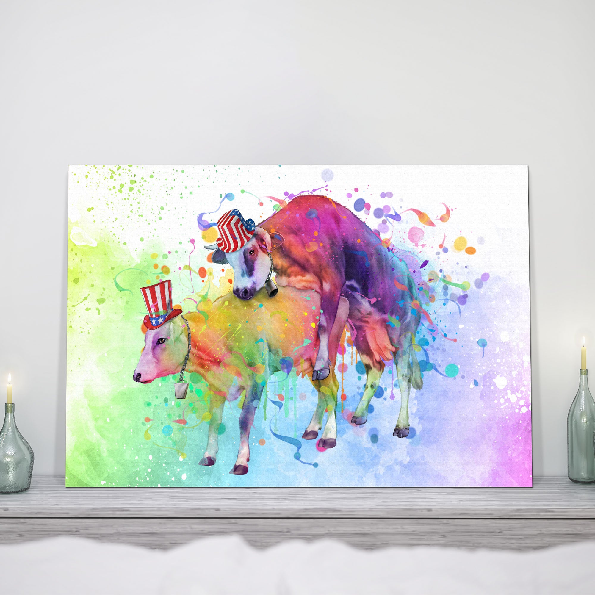 Colorful watercolor patriotic cow bathroom wall art with two cows wearing red white blue hats in vibrant splash background