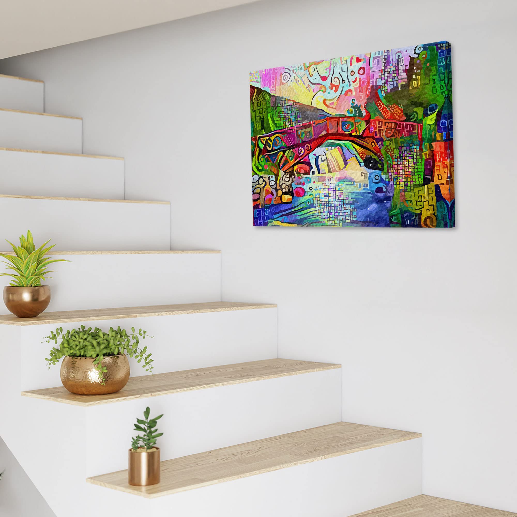 Colorful abstract bridge landscape artwork with vibrant reds, blues, greens, and yellows in intricate mosaic and swirling patterns