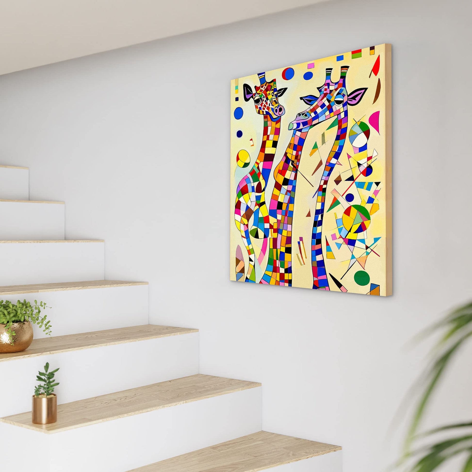 Colorful geometric giraffe artwork canvas with vibrant abstract shapes in modern minimalist wall decor setting by staircase