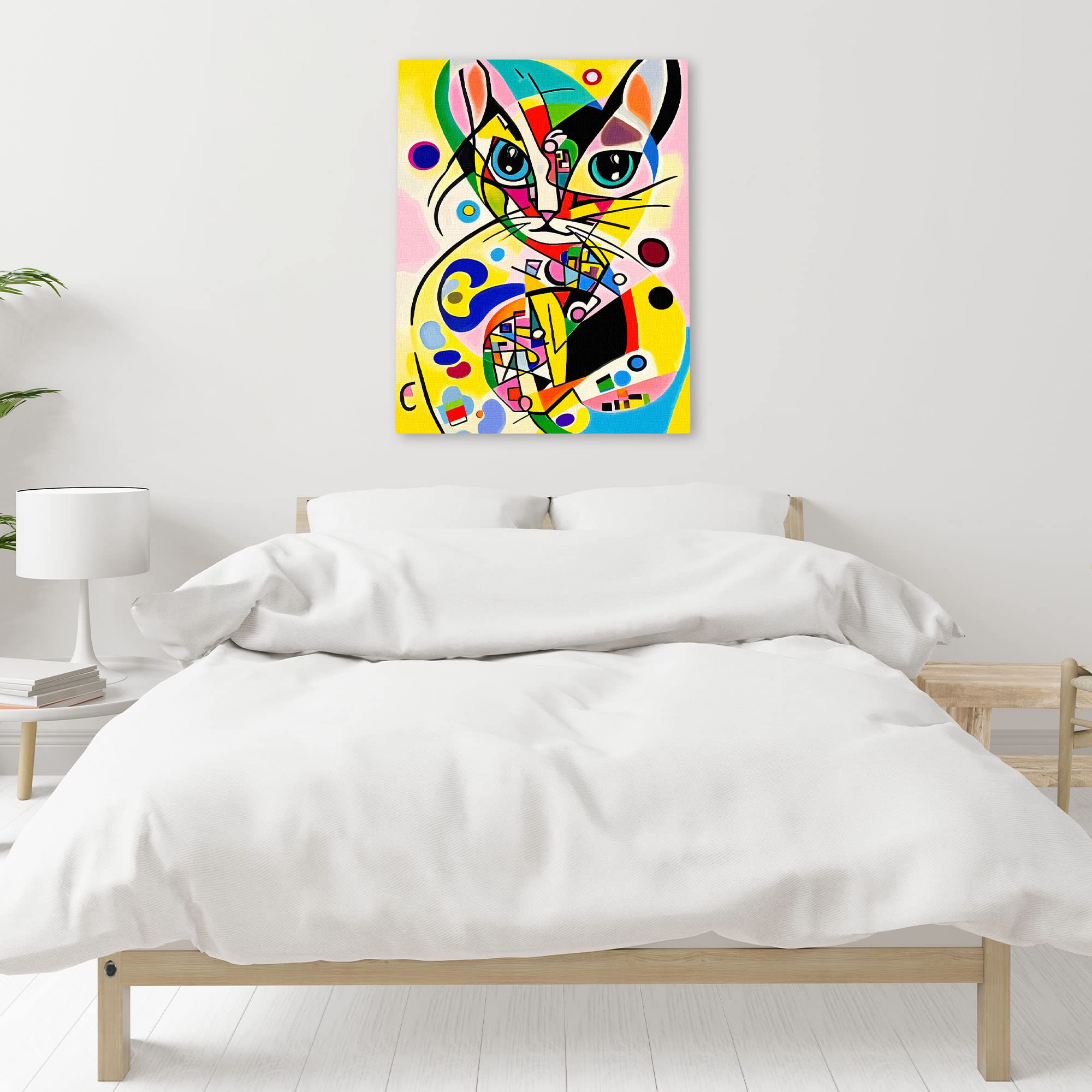 Funky abstract cat wall art with colorful geometric shapes bold lines and bright yellows blues on vibrant canvas above bed