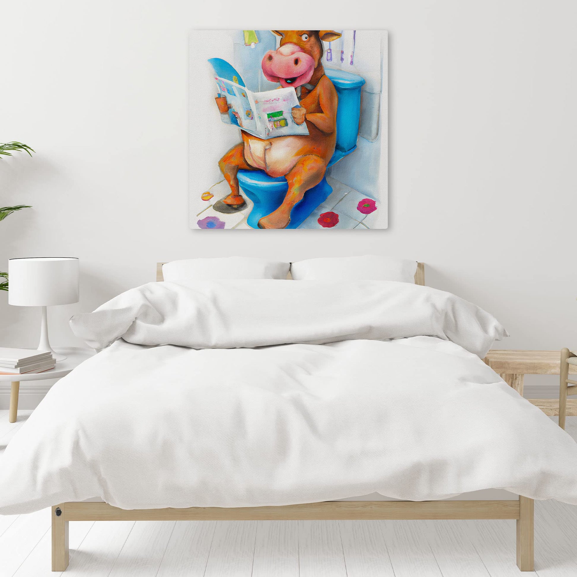 Colorful quirky funny cow watercolor wall art with cartoon cow sitting on blue toilet reading newspaper in bathroom setting