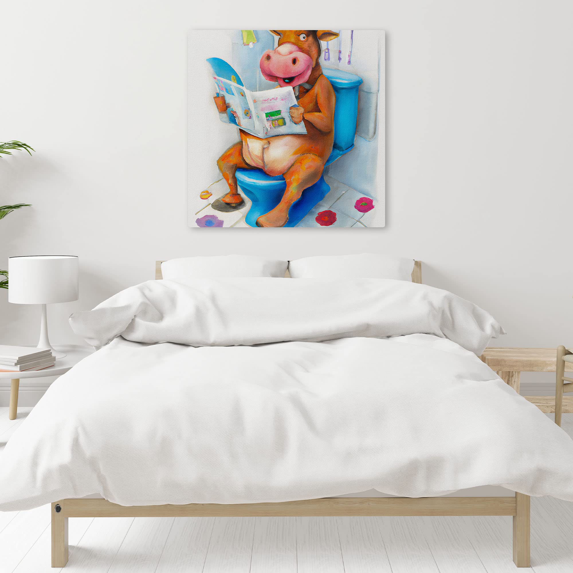 Colorful quirky funny cow watercolor wall art with cartoon cow sitting on blue toilet reading newspaper in bathroom setting