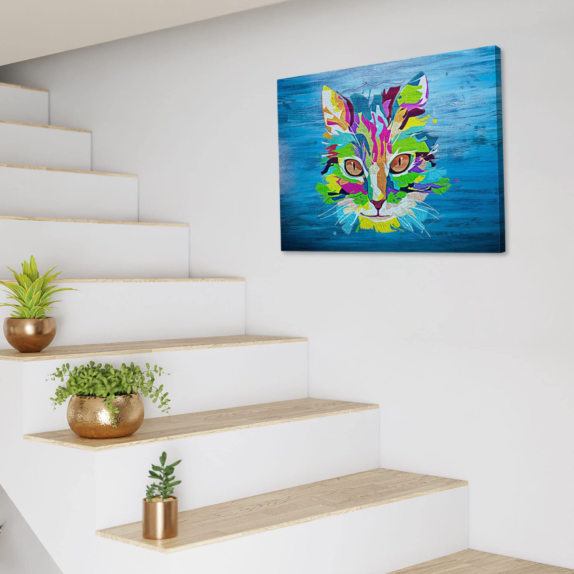 Colorful blue pop art cat wall art with vibrant geometric shapes and bold lines on textured canvas above modern staircase
