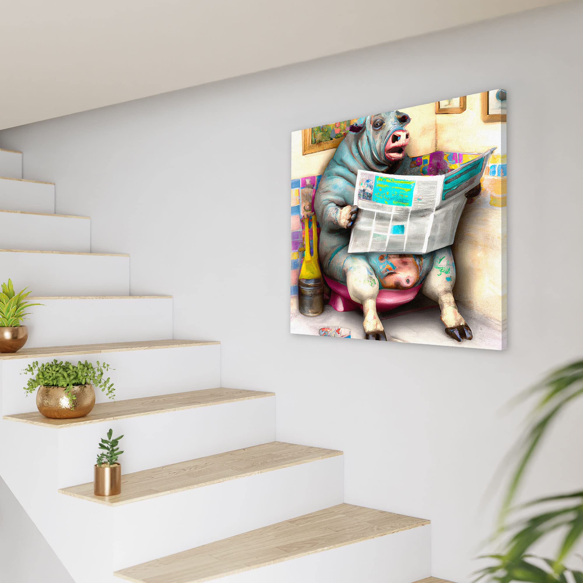 Colorful quirky funny pig bathroom wall art with cartoon pig sitting on toilet reading newspaper with bathroom decor and tiles