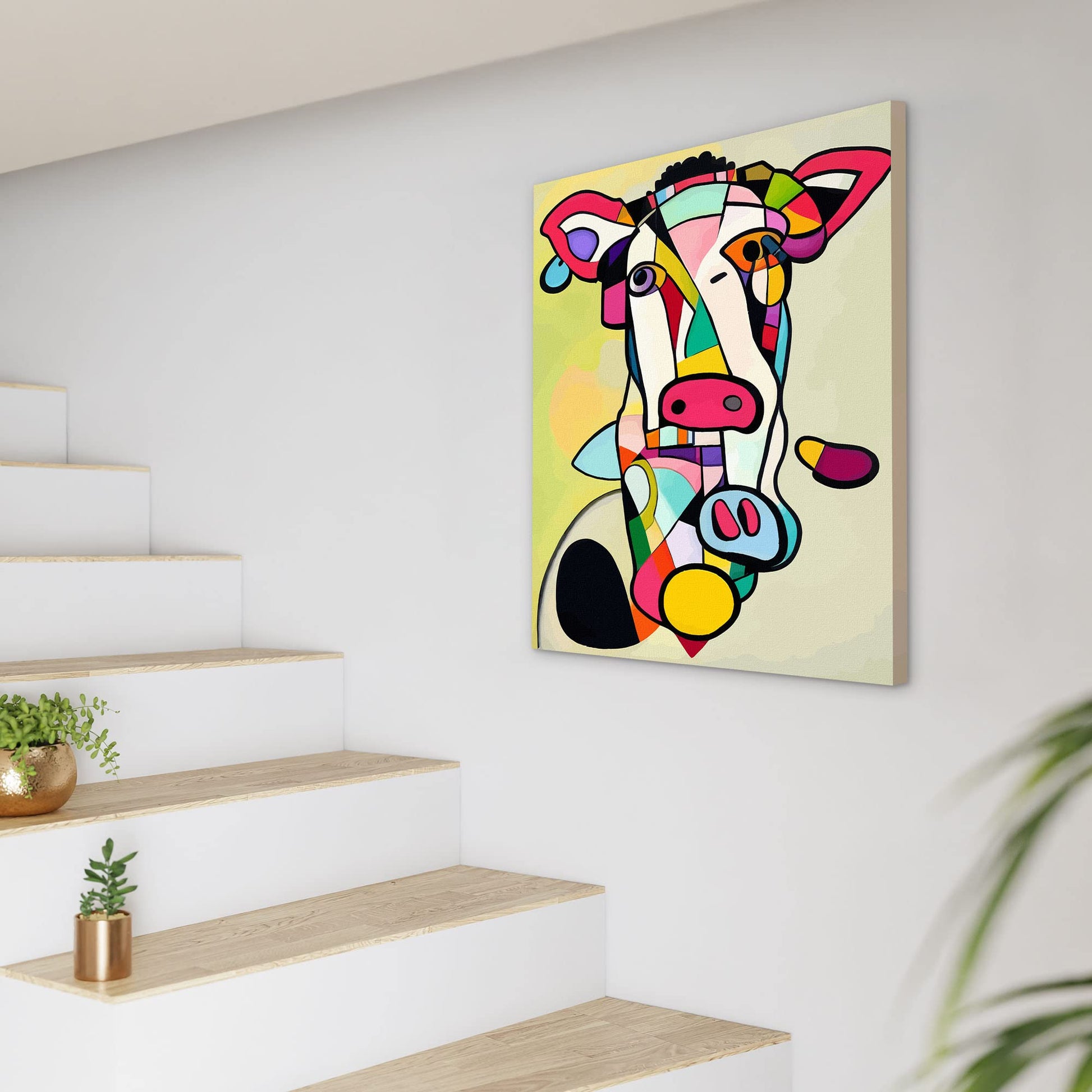 Colorful abstract cow painting with bold geometric shapes on canvas displayed on light wall near staircase with wooden steps
