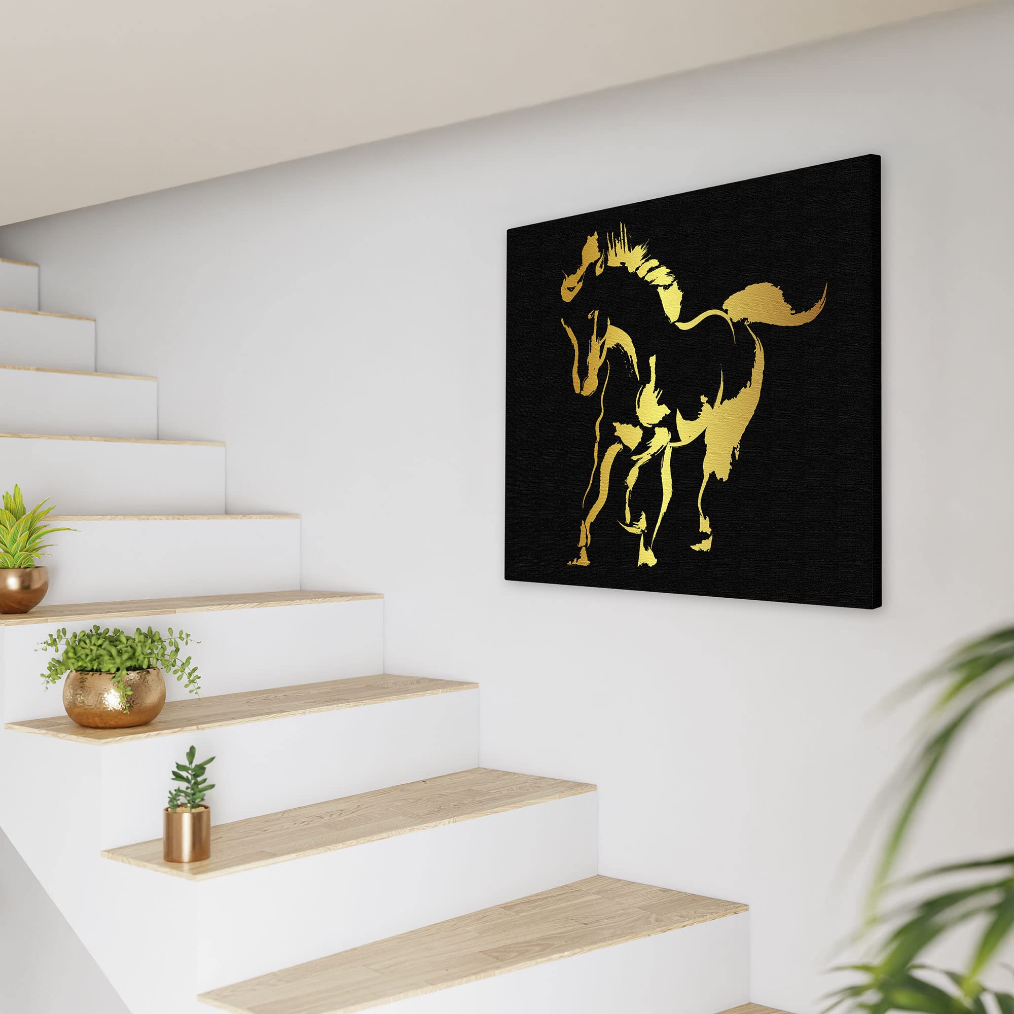 Abstract black and gold silhouette horse art print on textured canvas in modern minimalist staircase setting