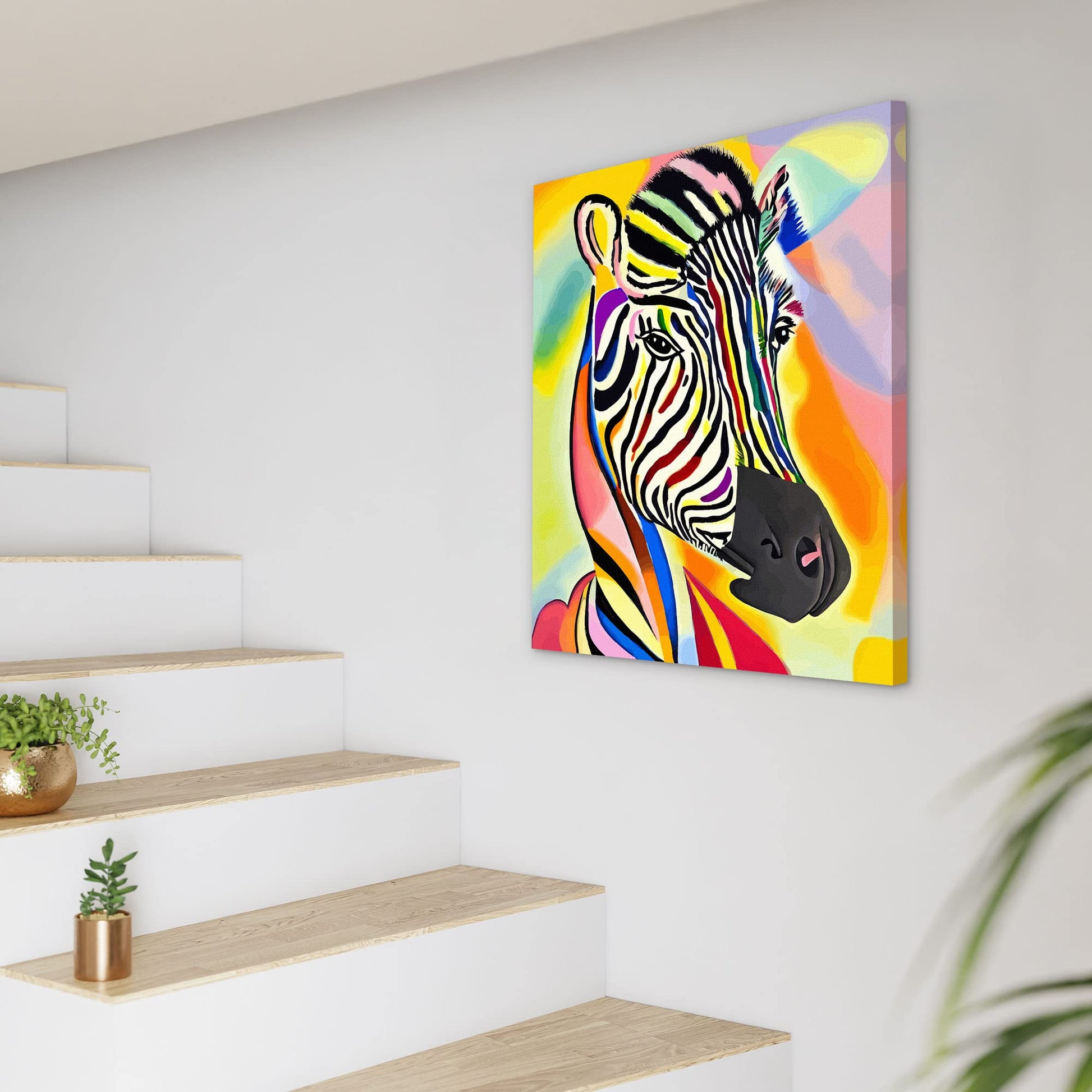 Colorful abstract zebra portrait with vibrant rainbow and neon stripes printed on canvas hung on white wall by staircase