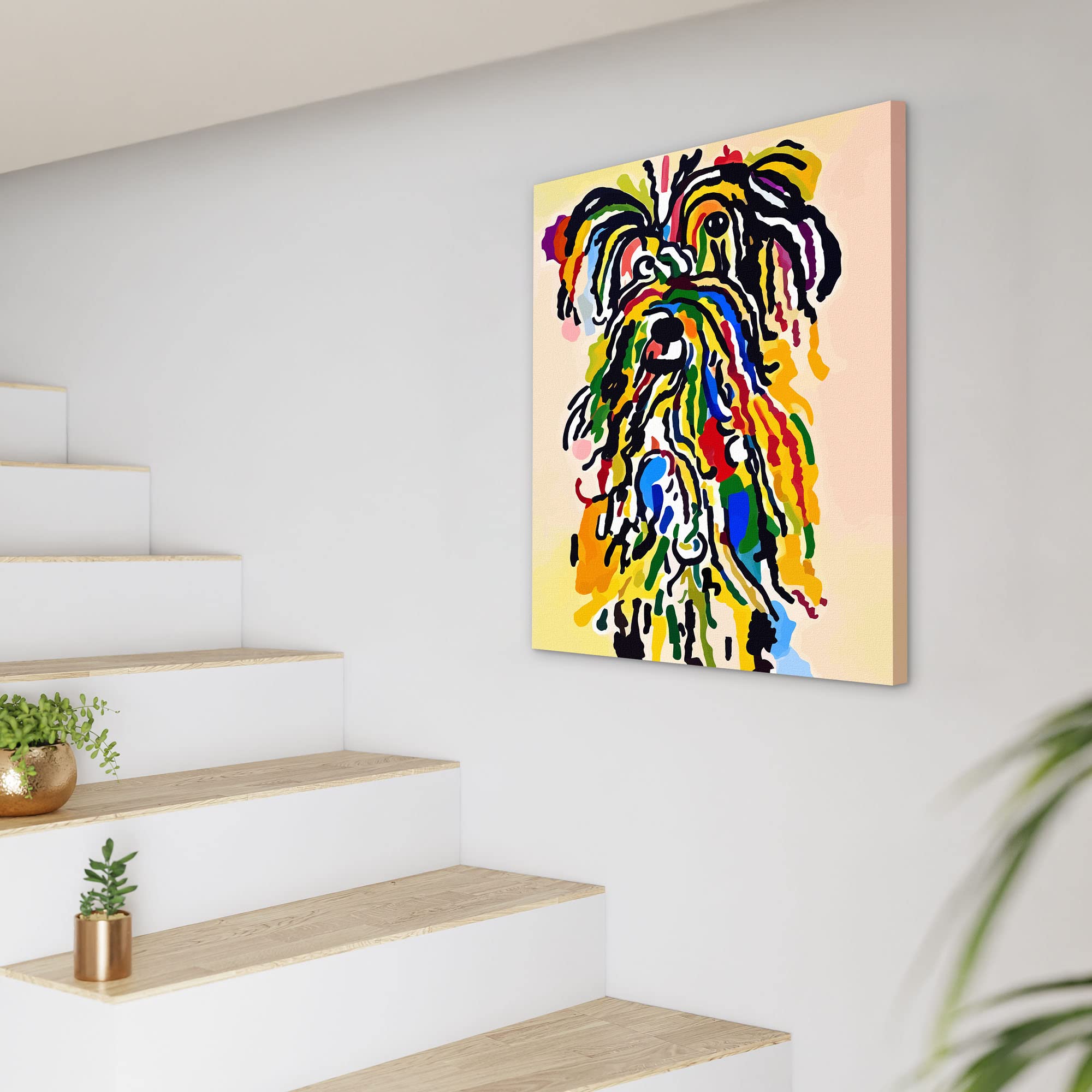 Colorful funny abstract shaggy dog art with vibrant multicolor brush strokes on canvas hanging on wall near staircase