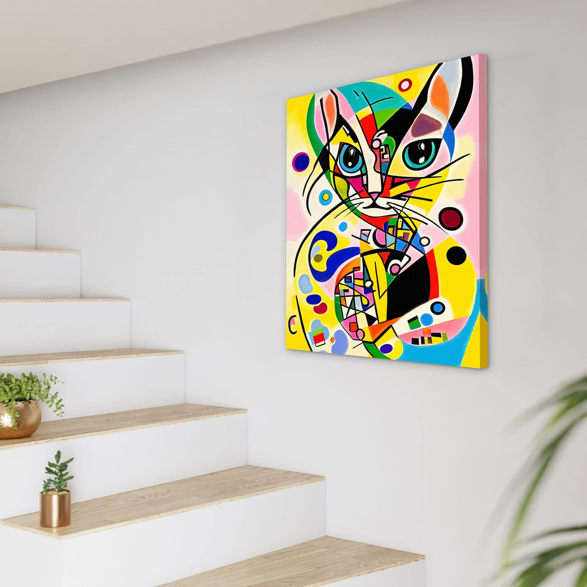 Funky abstract cat wall art with colorful geometric shapes and bold lines on vibrant canvas hanging by staircase