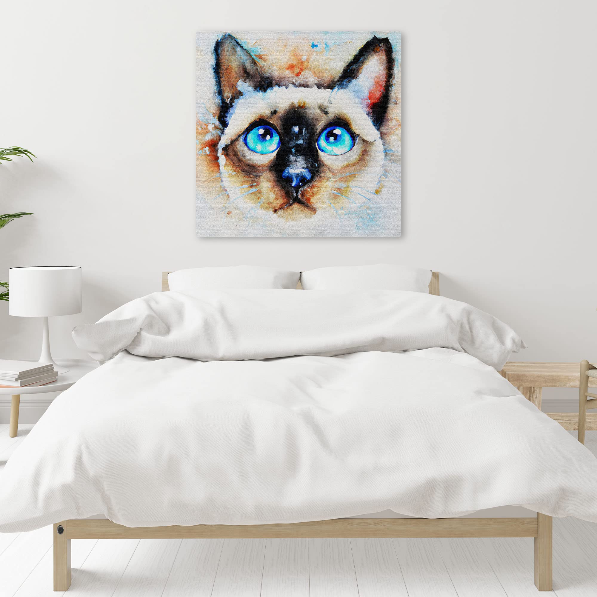 Abstract watercolor Siamese cat wall art featuring striking bright blue eyes with soft cream, brown, and black tones on a subtle textured background