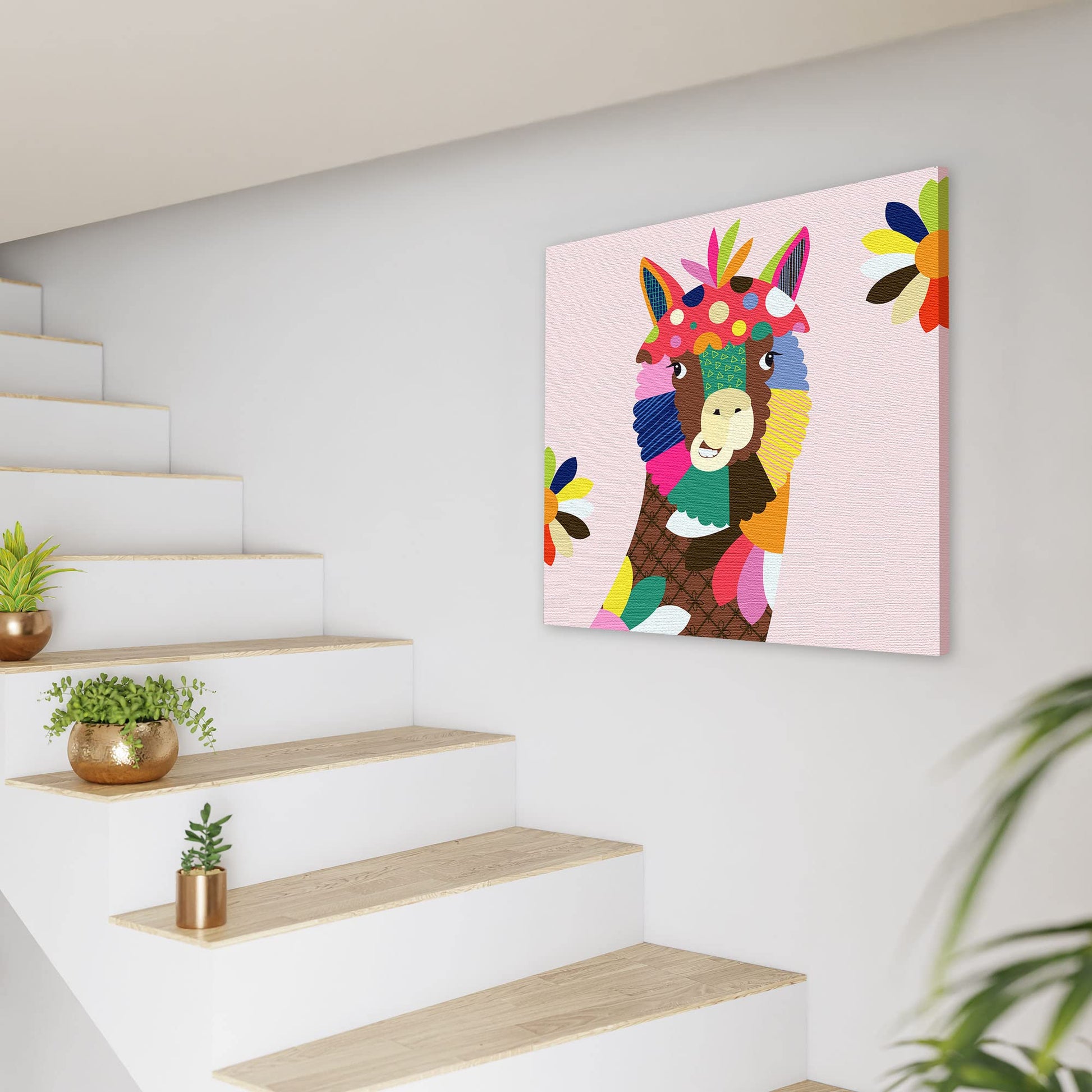 Colorful abstract alpaca nursery wall art with vibrant reds, blues, greens, yellows, and pinks in geometric and floral patterns