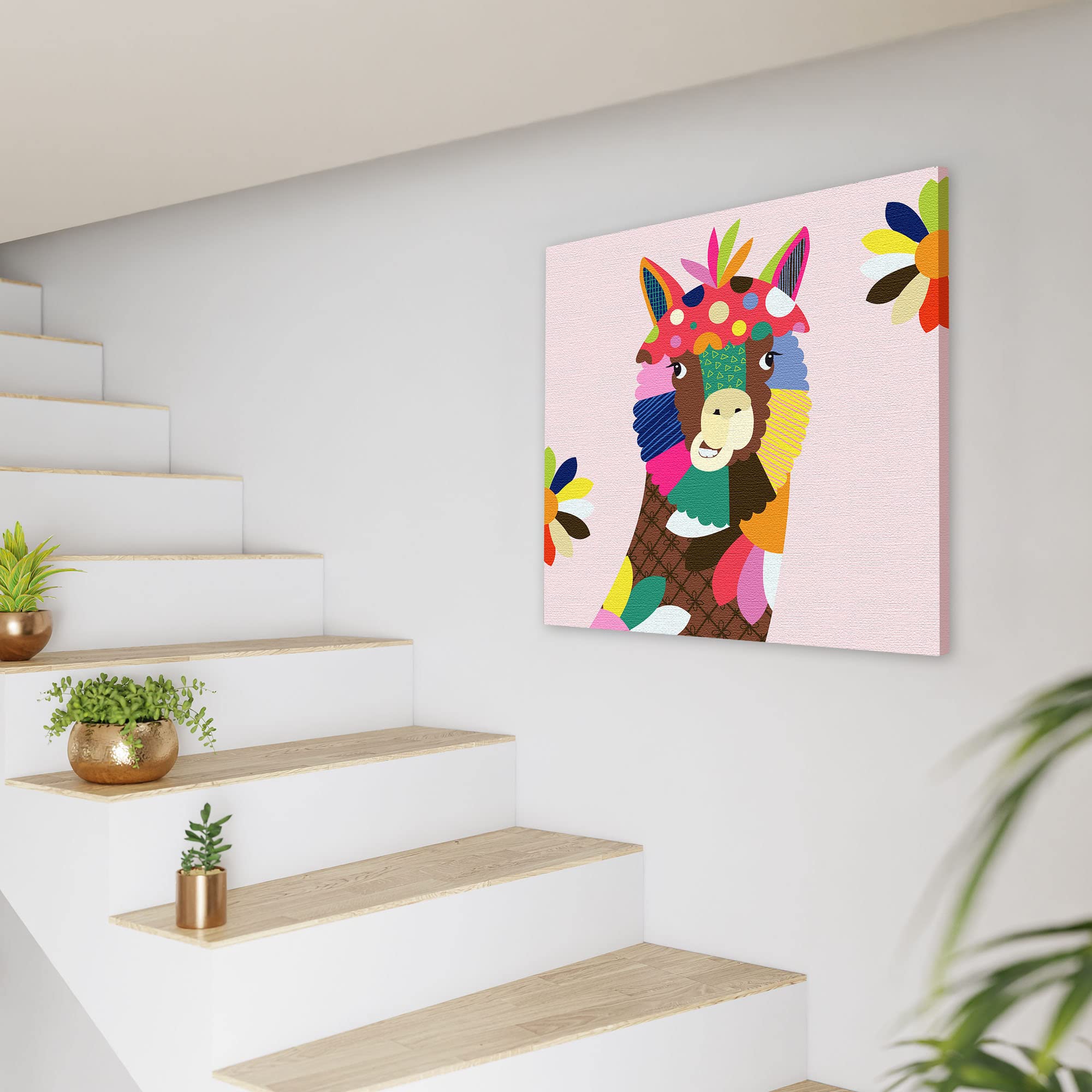 Colorful abstract alpaca nursery wall art with vibrant reds, blues, greens, yellows, and pinks in geometric and floral patterns