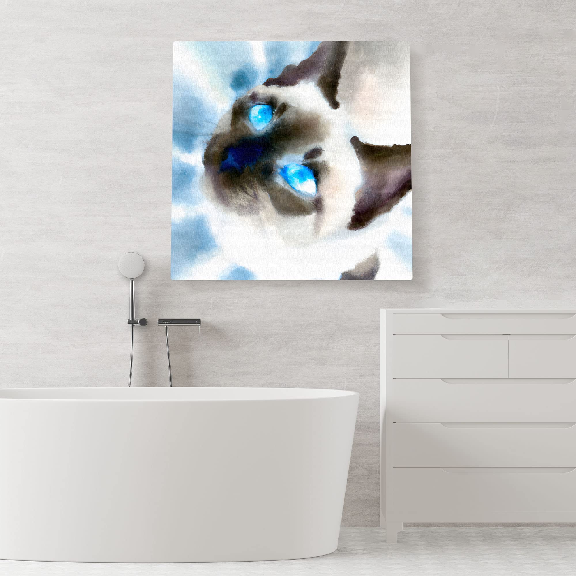 Close-up Siamese cat wall art watercolor with bright blue eyes and soft blended brush strokes on square canvas above bathtub