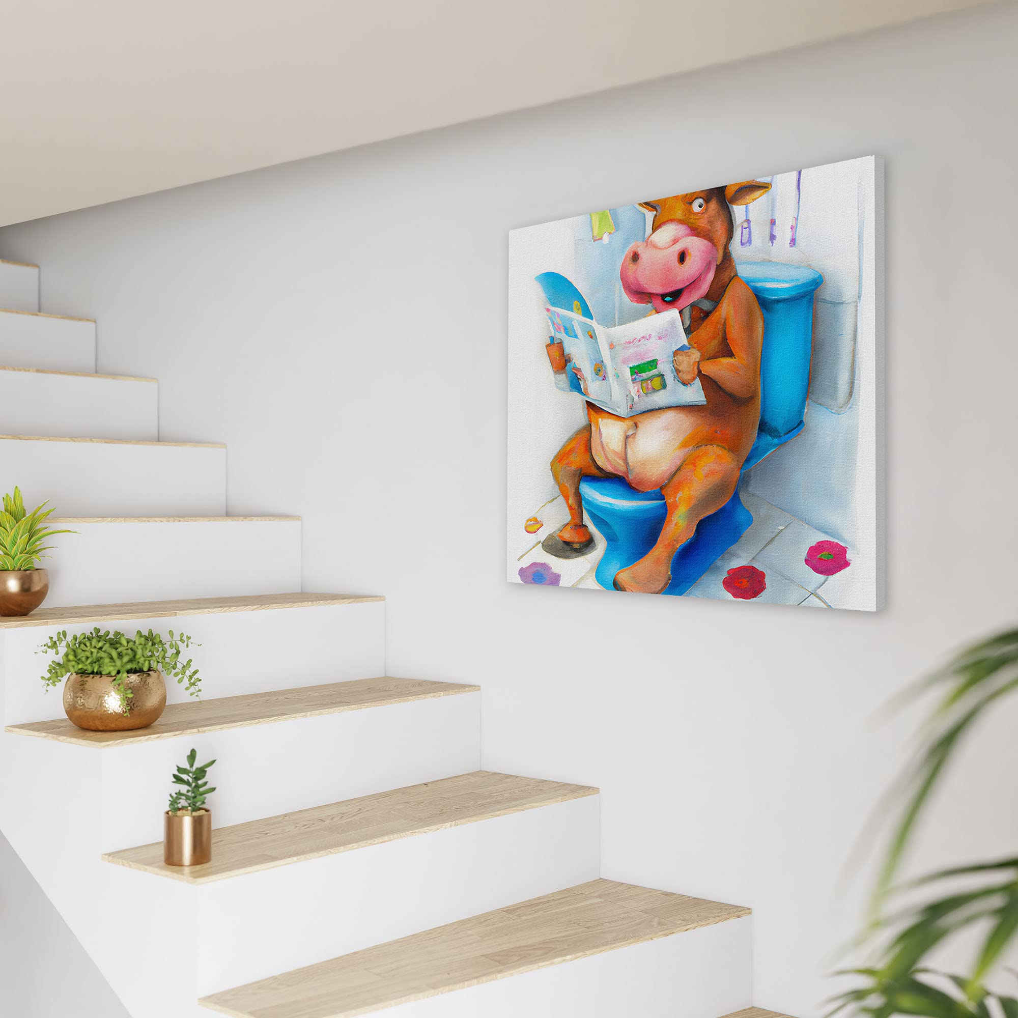 Colorful quirky funny cow watercolor wall art with cartoon cow sitting on blue toilet reading newspaper with bathroom tiles and flowers