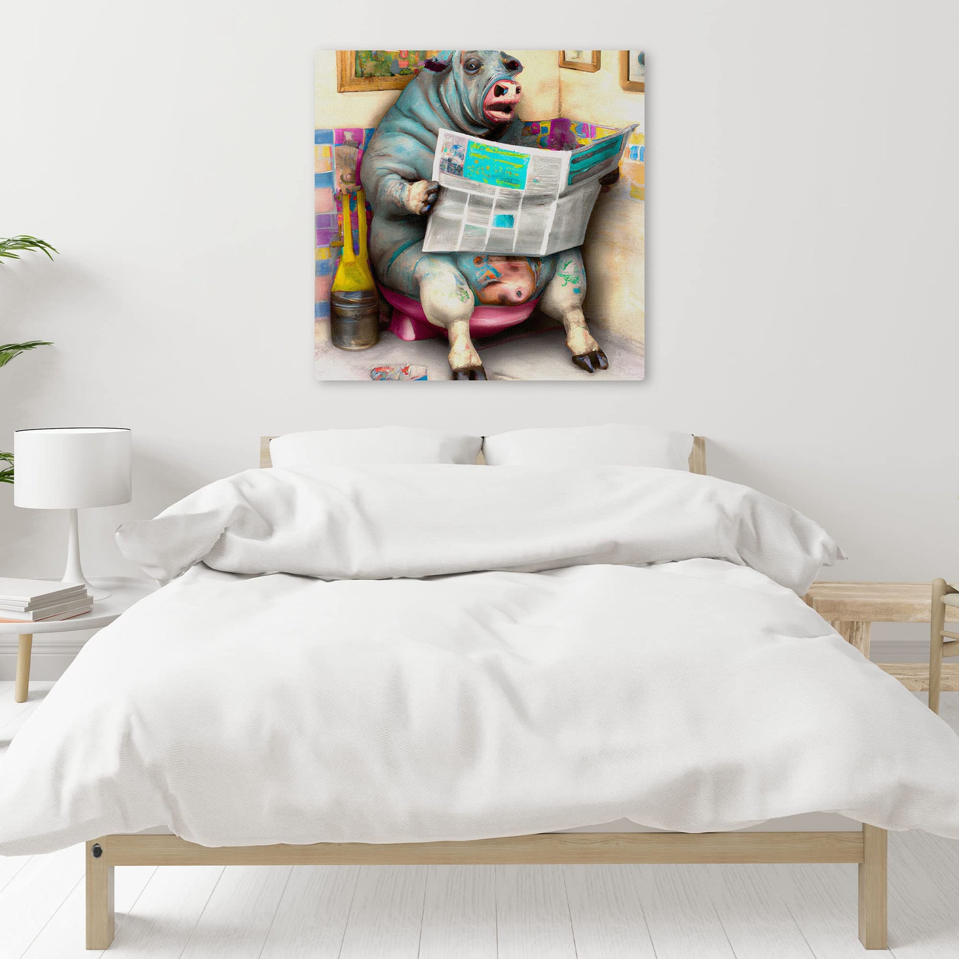 Colorful quirky funny pig bathroom wall art with cartoon pig sitting on pink toilet reading newspaper with bathroom decor details