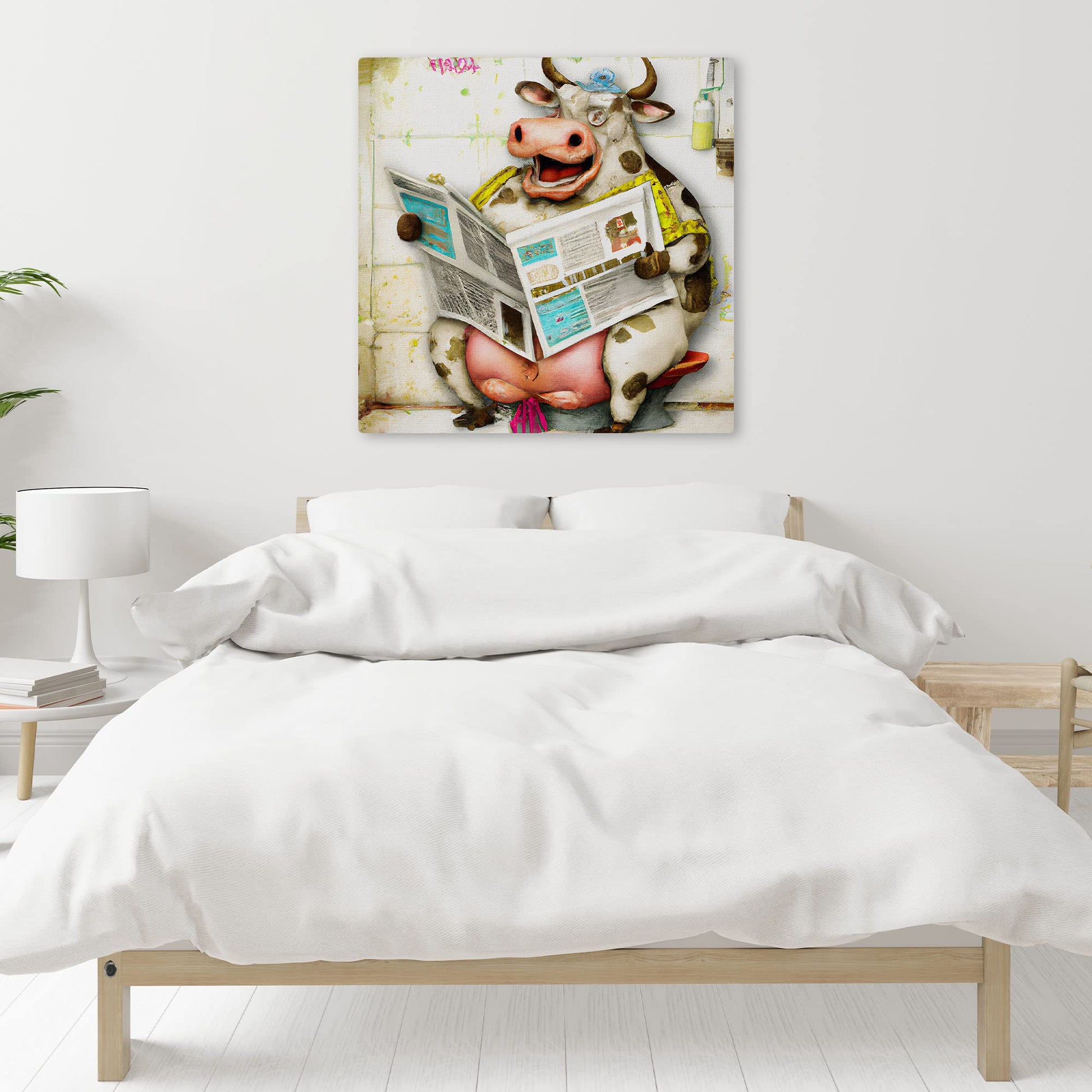 Colorful whimsical funny cow bathroom wall art with cartoon cow sitting on toilet reading newspaper and bathroom details