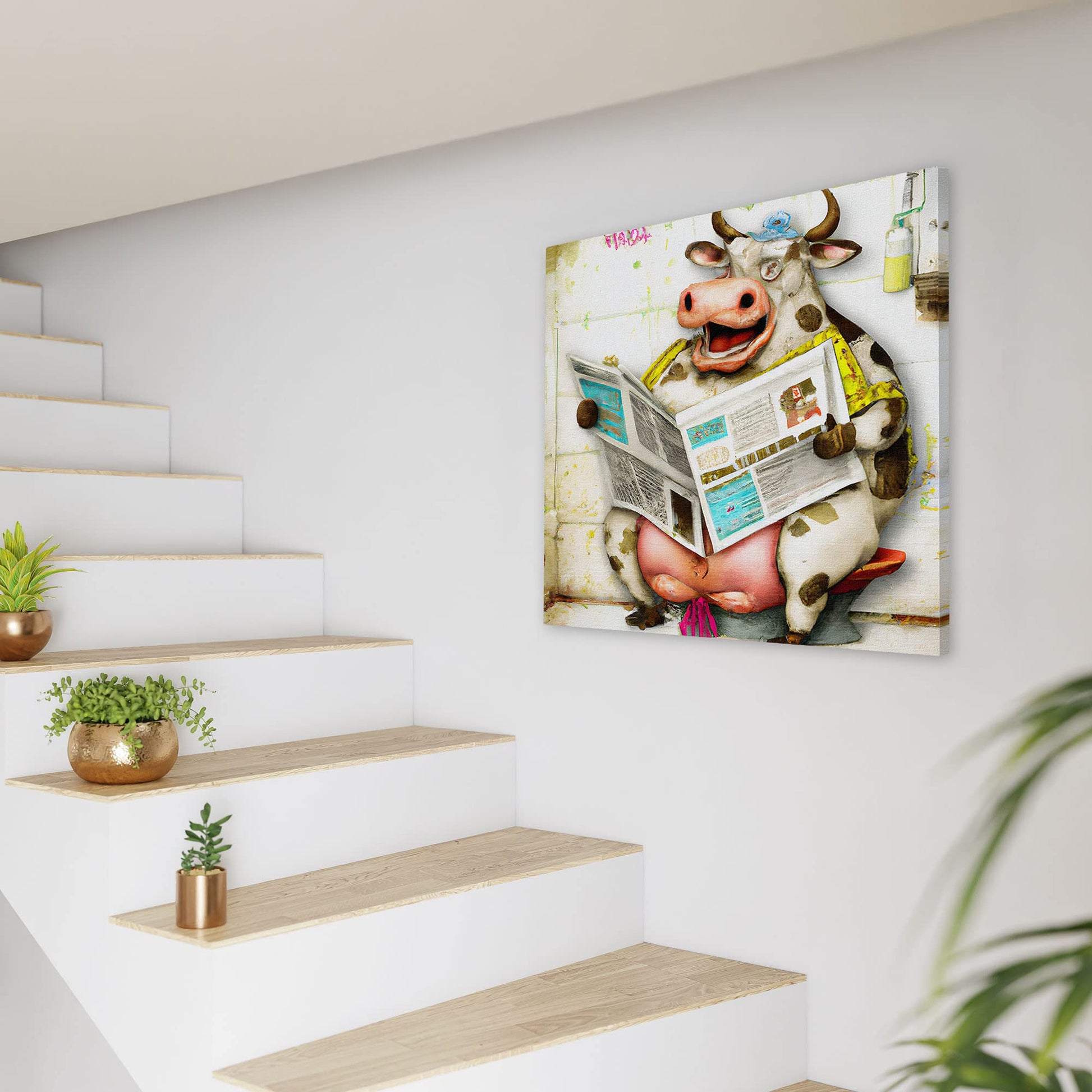 Colorful whimsical funny cow bathroom wall art with cartoon cow sitting on toilet reading newspaper with bathroom decor on wall