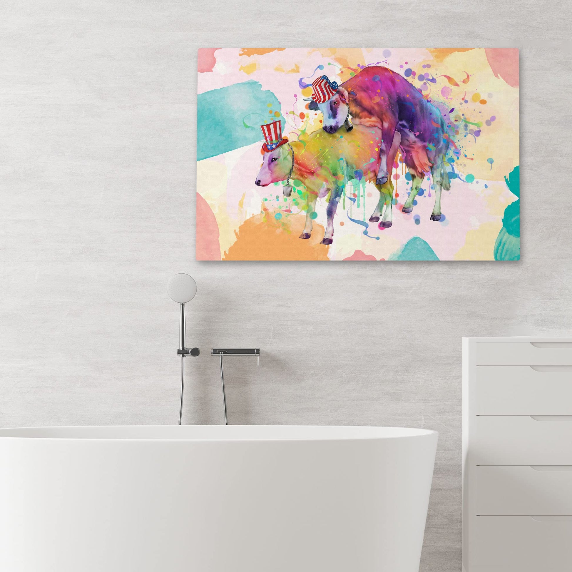Colorful watercolor funny rude cows bathroom wall art with two cows wearing patriotic USA hats and vibrant abstract splash background