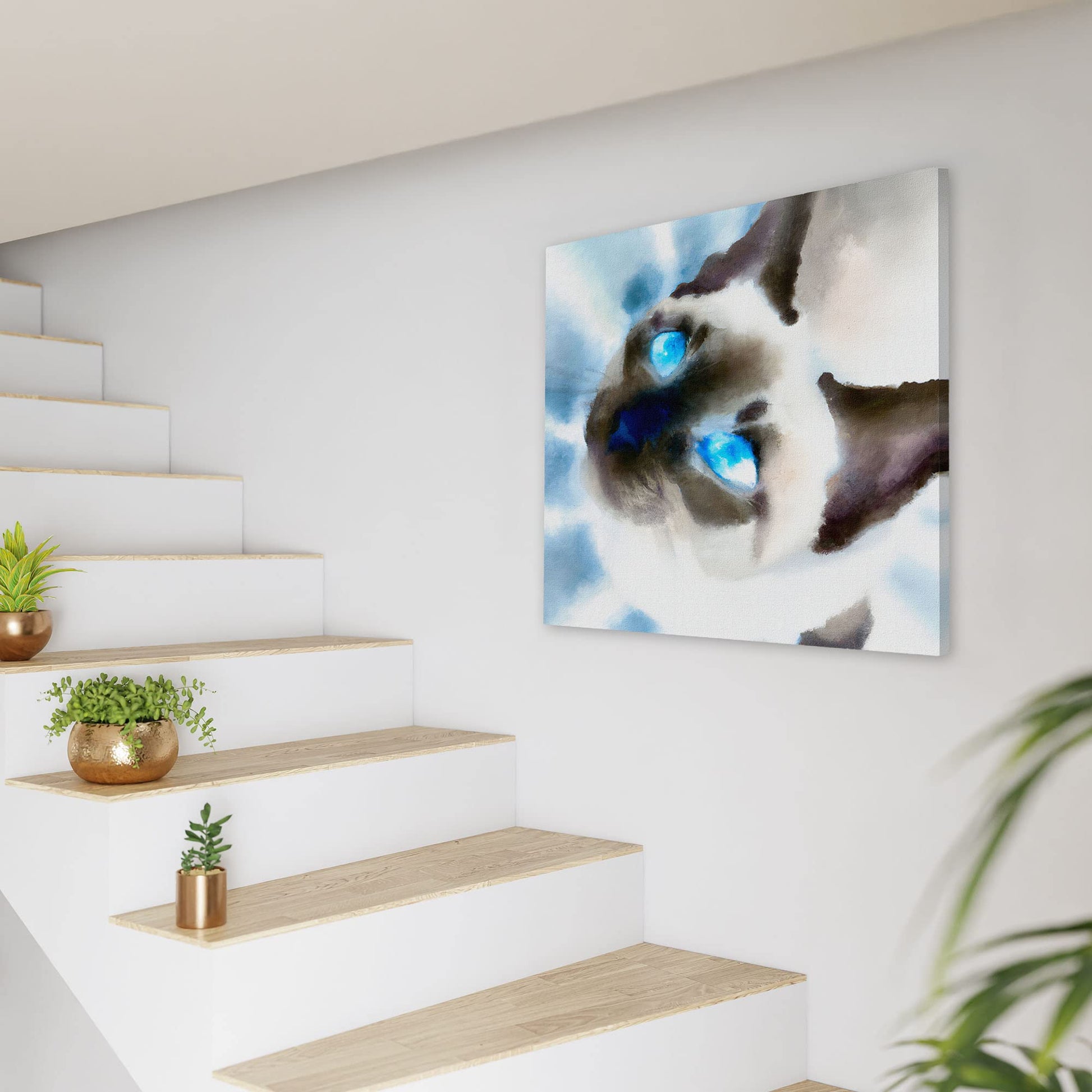 Close-up Siamese cat wall art watercolor with piercing bright blue eyes and soft blended brush strokes on square canvas by staircase
